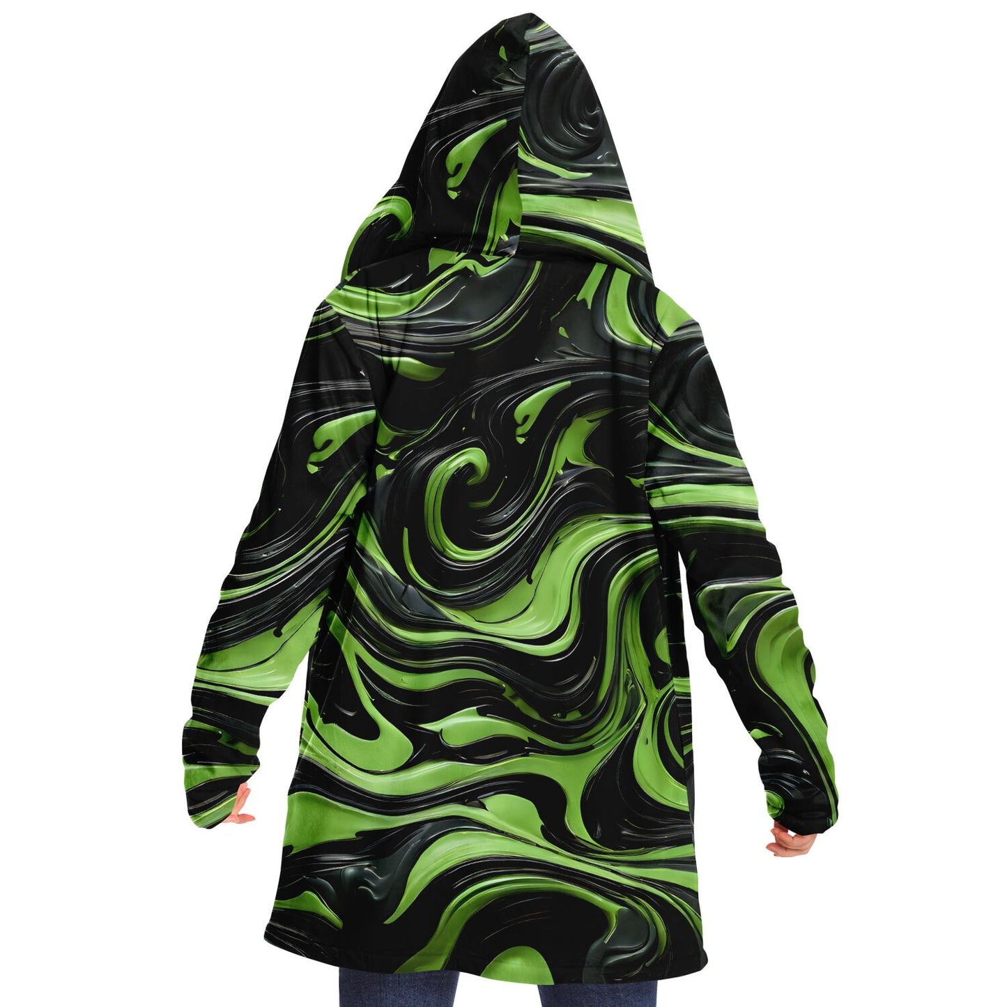 Green Raver's Hooded Cloak - Festival Fleece Cloak with Swirl Pattern