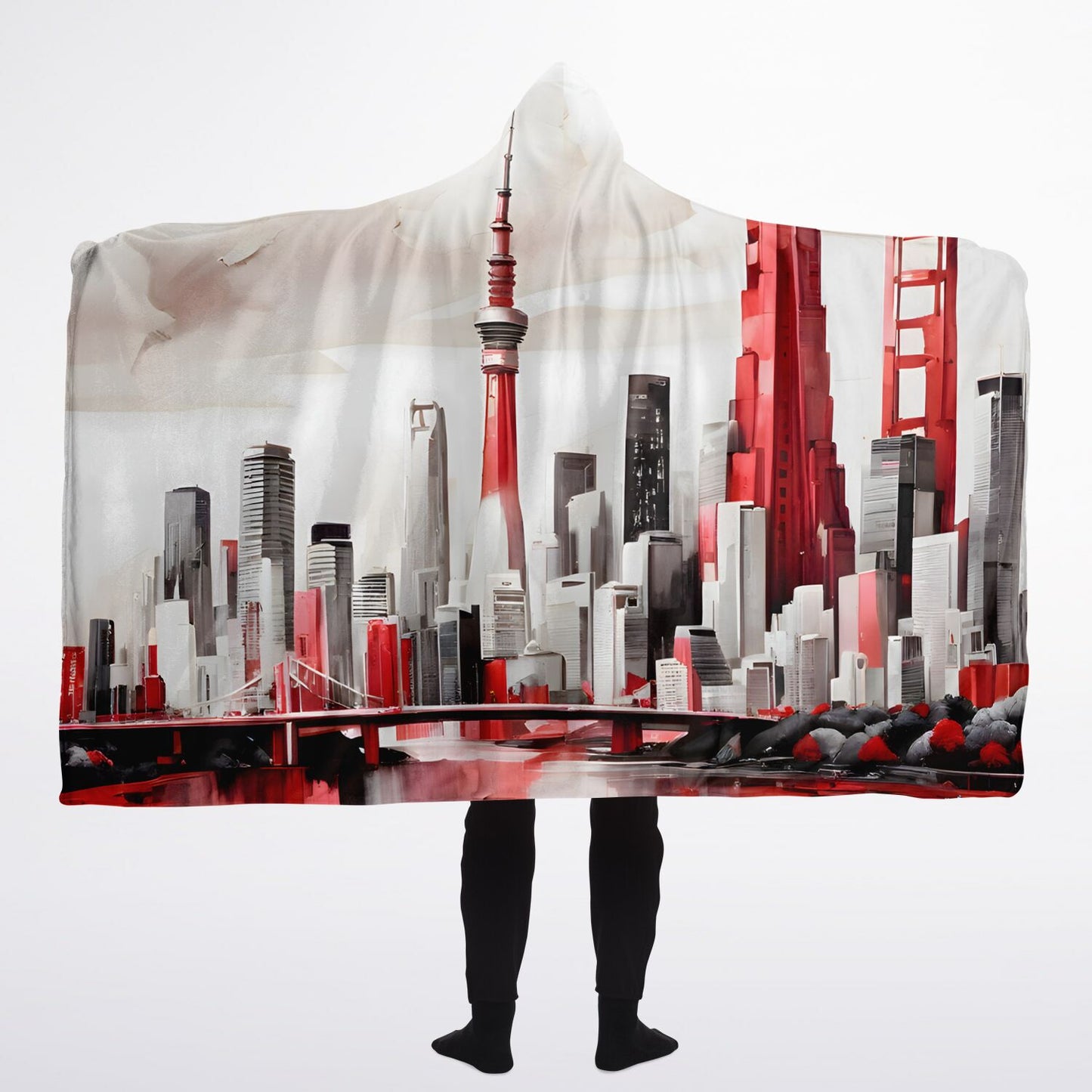 Bold Print Hooded Blanket - Sherpa Fleece with City White and Bold Red Accents