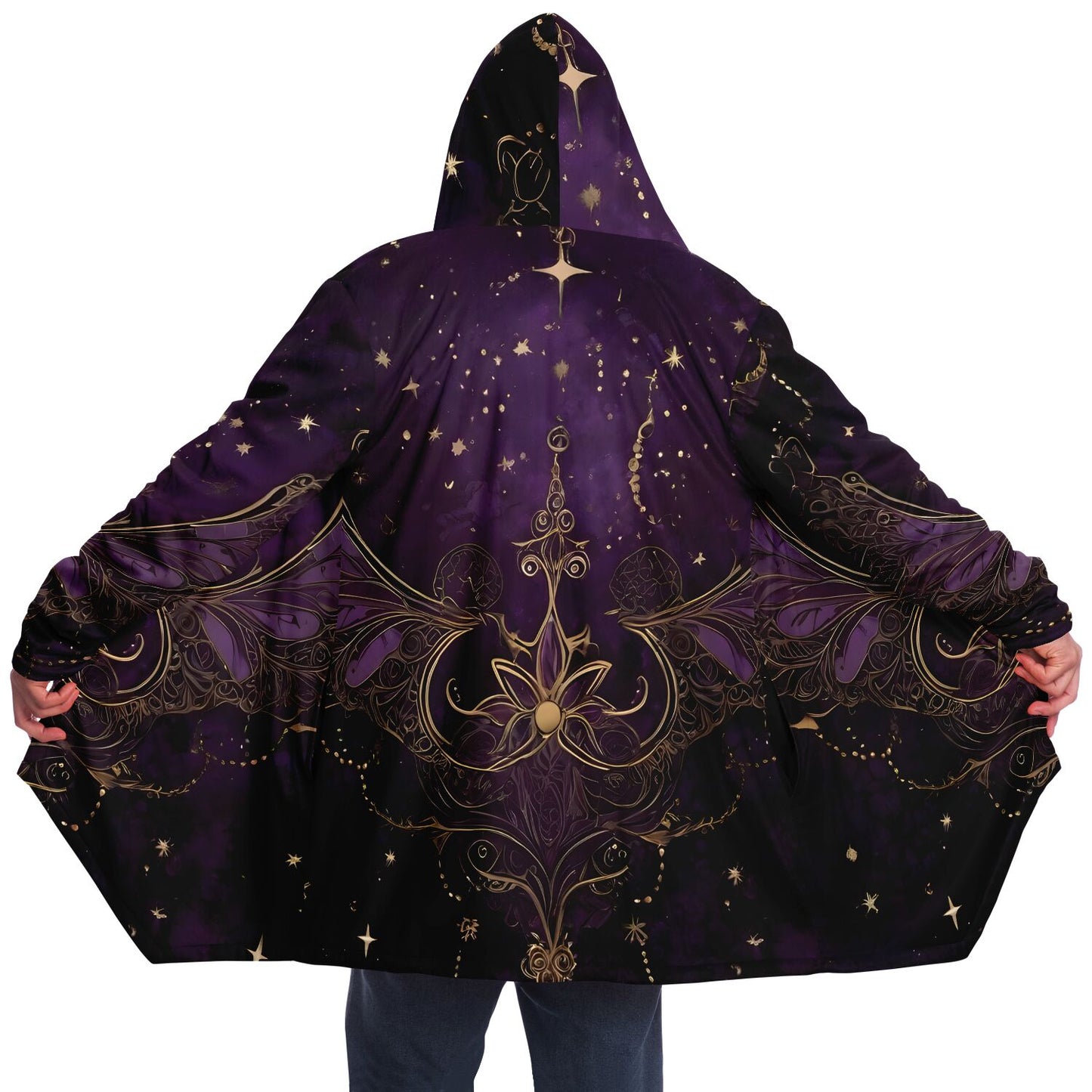 Celestial Purple Hooded Cloak - Sherpa Fleece with Fantastical Gold outlines and Stars