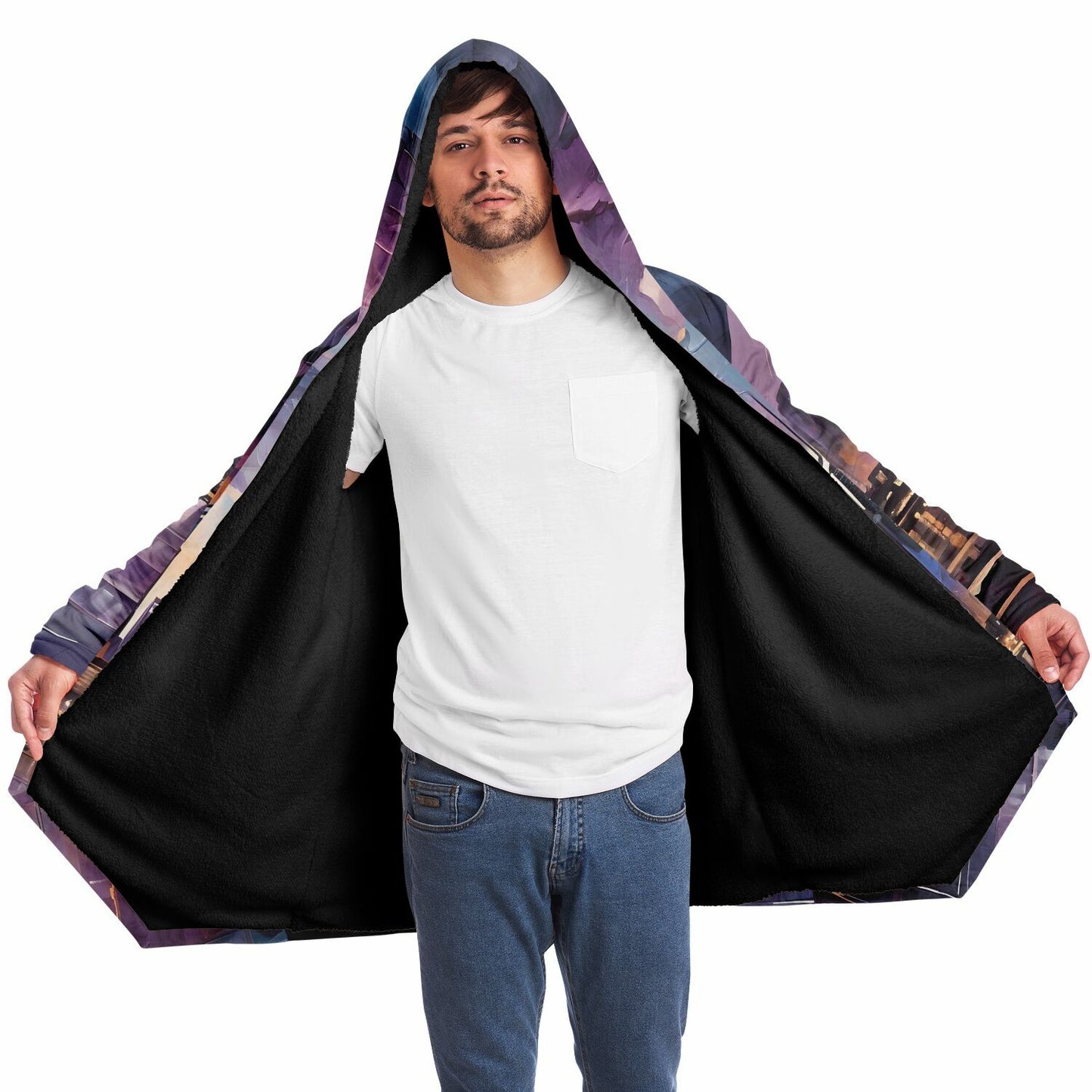 Night Sky Hooded Cloak - Rave Sherpa Fleece Cloak with Wearable Art