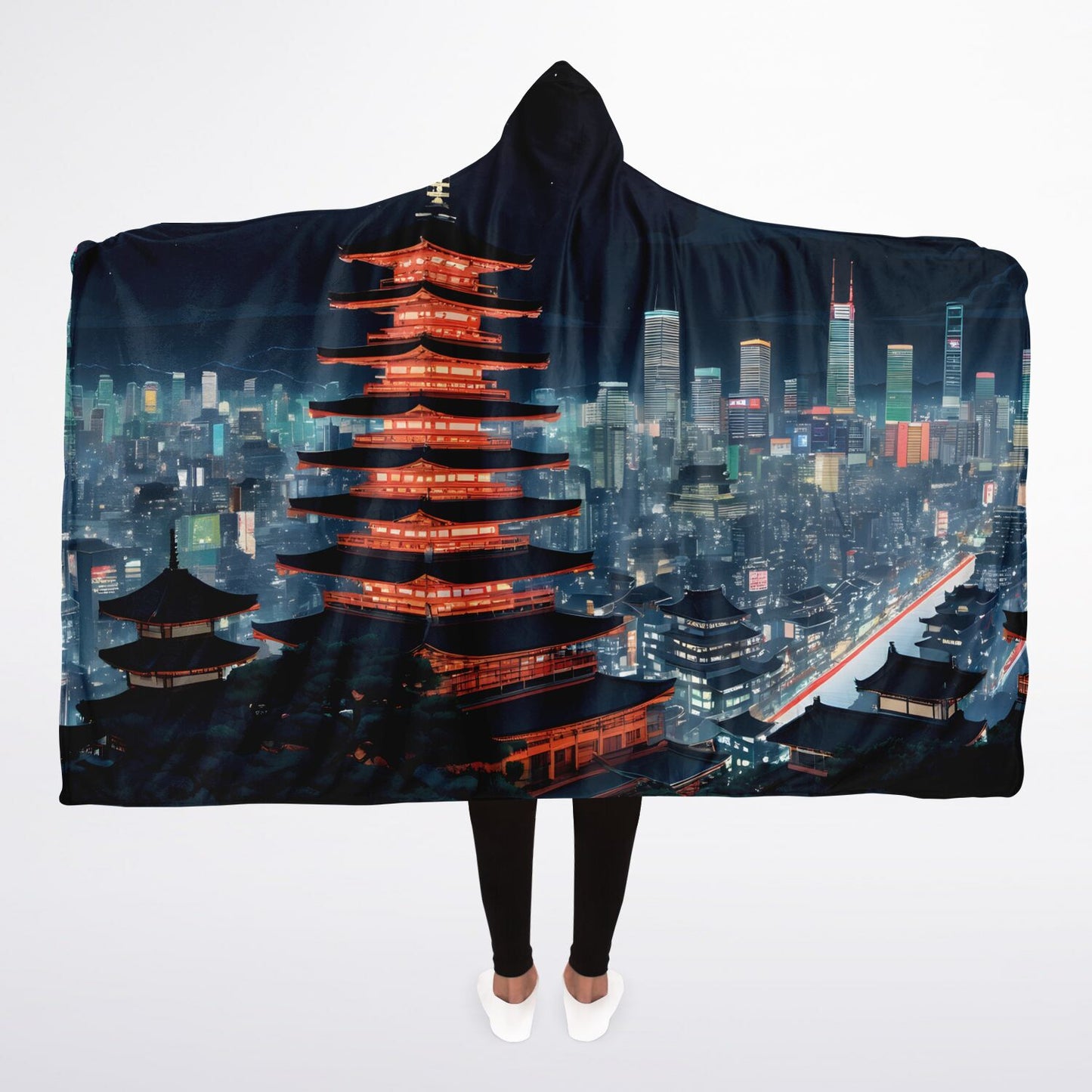 Anime Tokyo City Hooded Blanket - Sherpa Fleece with Electric Nightlife City Print