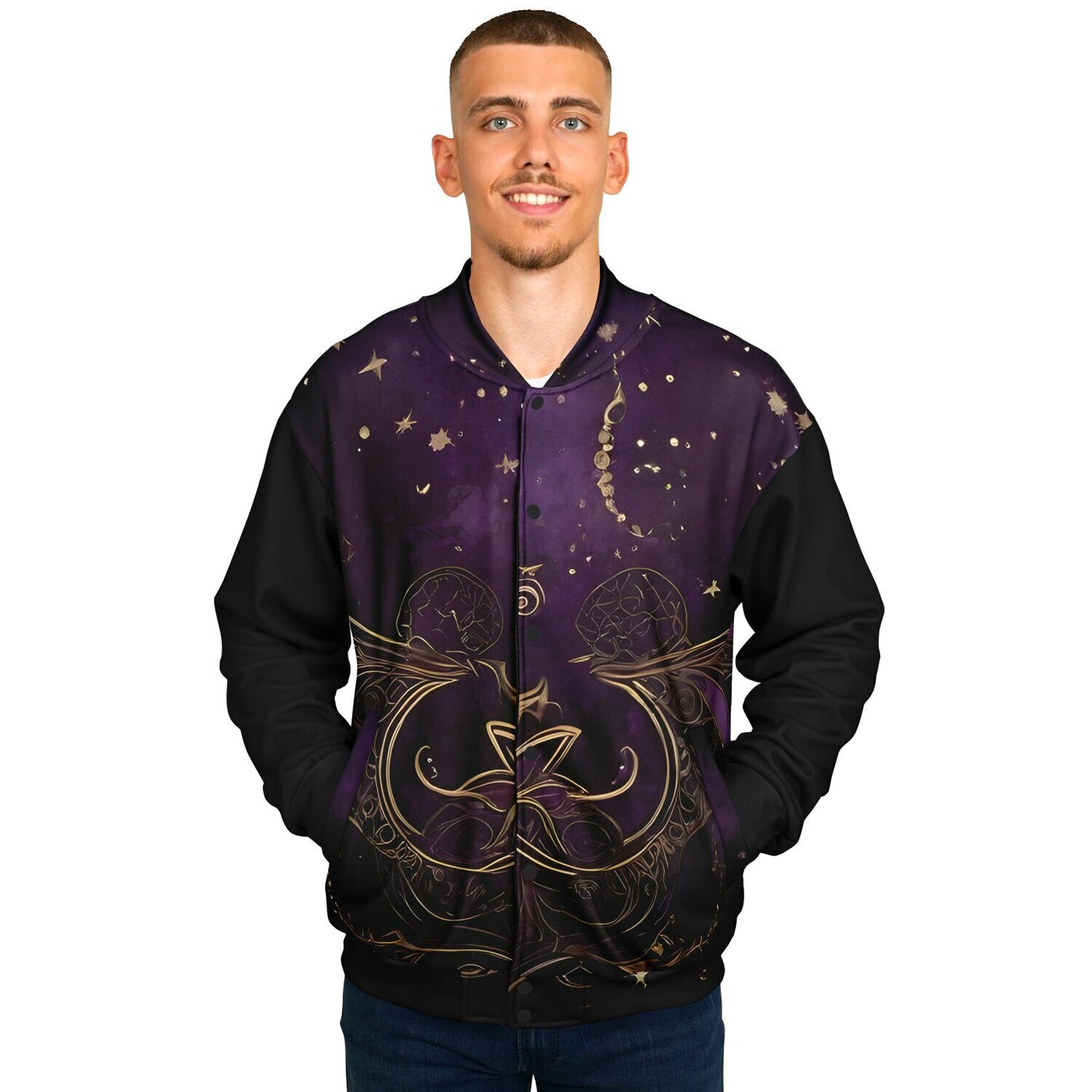 Celestial Purple Baseball Jacket - Festival Outerwear with Purple and Gold Stars