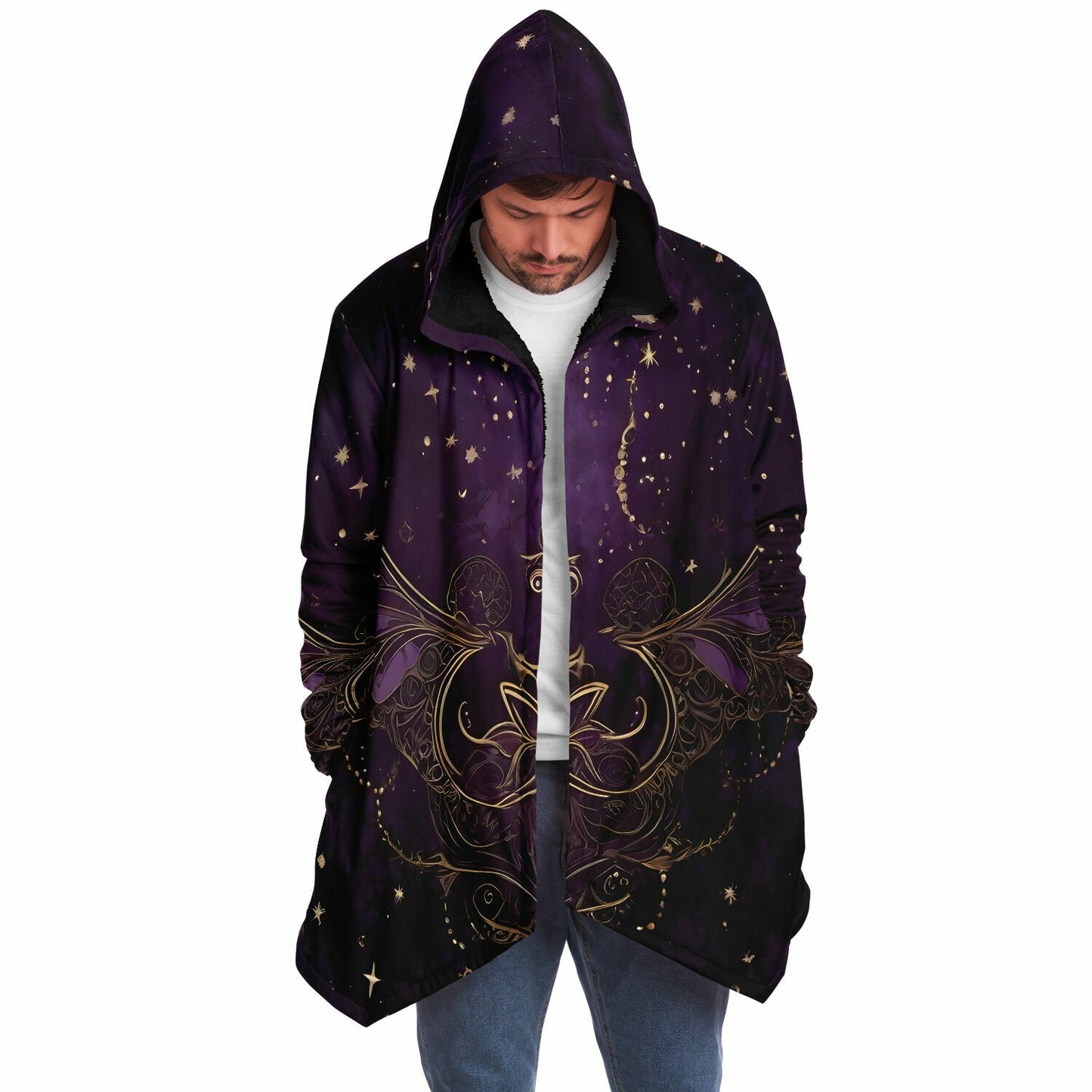 Celestial Purple Hooded Cloak - Sherpa Fleece with Fantastical Gold outlines and Stars