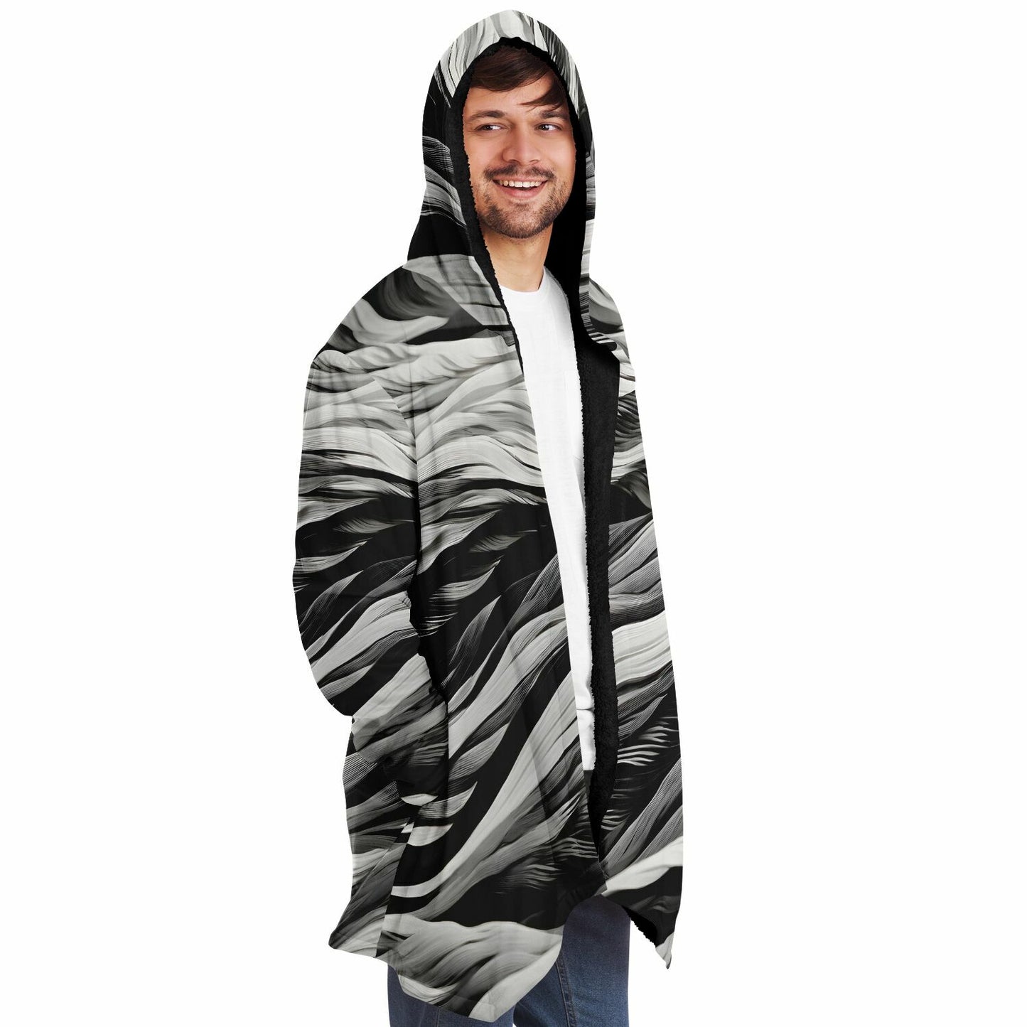 Rave Fashion Hooded Cloak - Fleece Lined Festival Wear with Black Swirl Pattern
