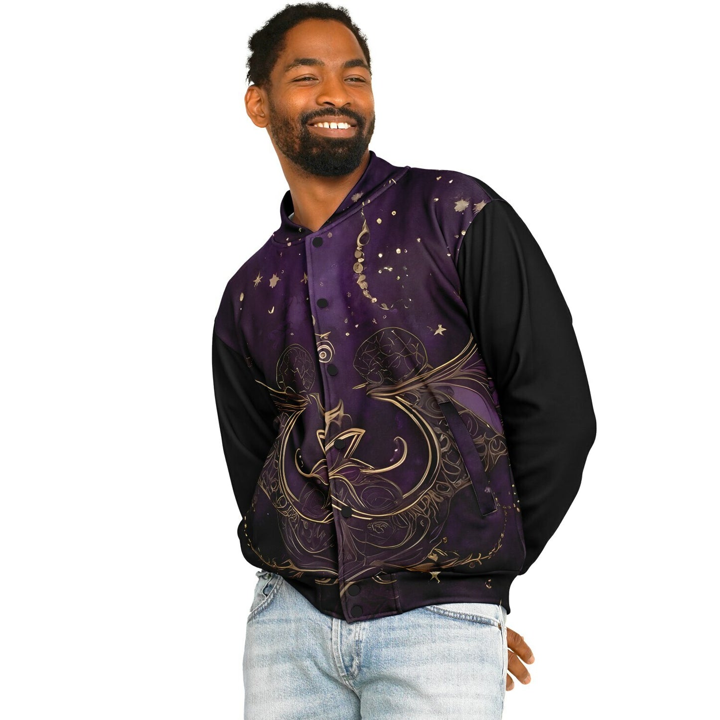Celestial Purple Baseball Jacket - Festival Outerwear with Purple and Gold Stars