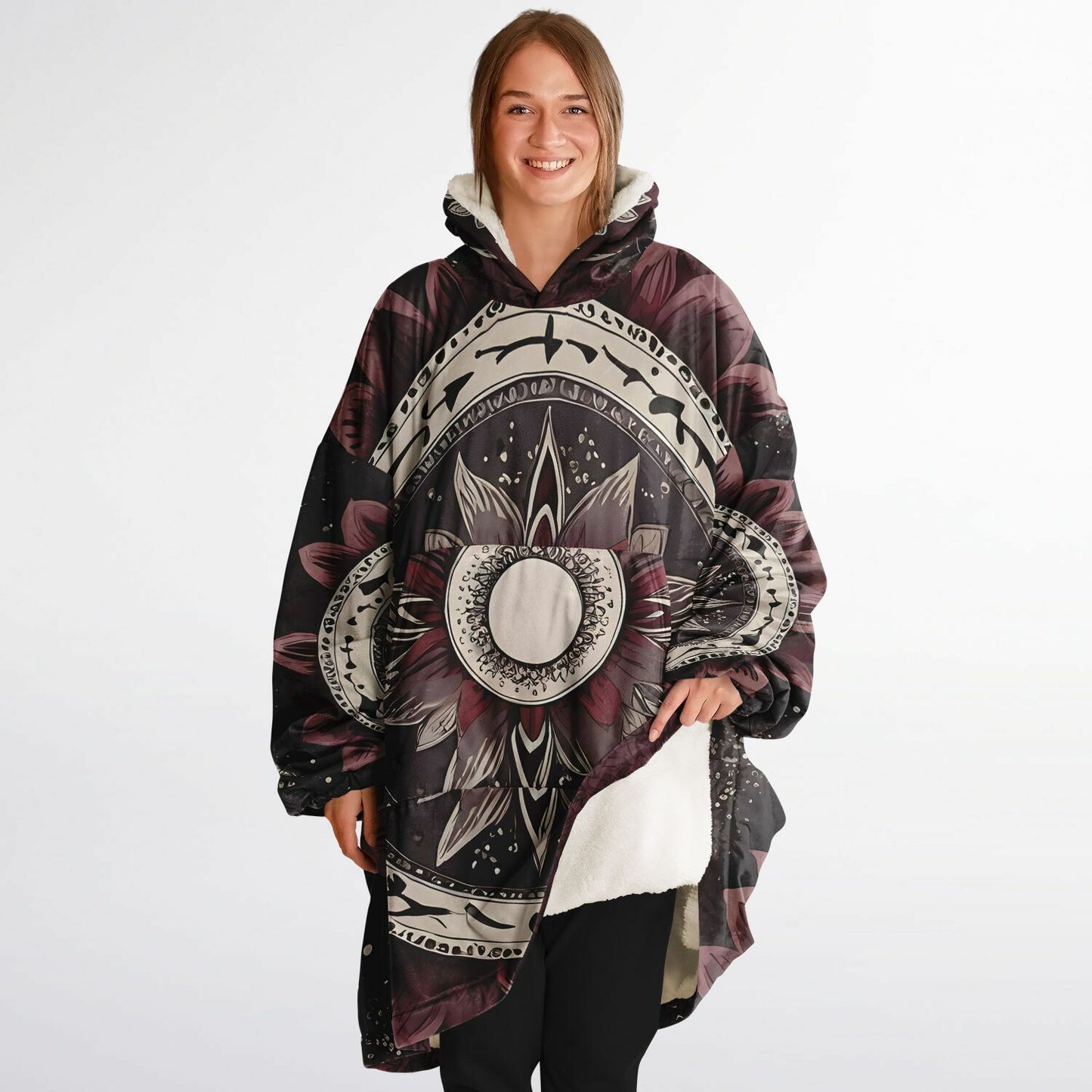 Maroon Mandala Snug Hoodie - Festival Fleece Wearable Hoodie - Essentials Hoodie