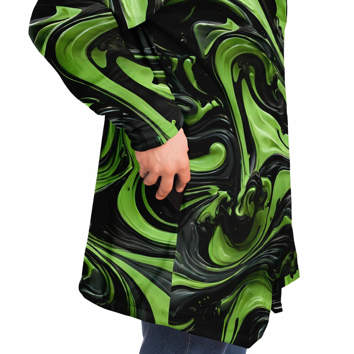 Green Raver's Hooded Cloak - Festival Fleece Cloak with Swirl Pattern