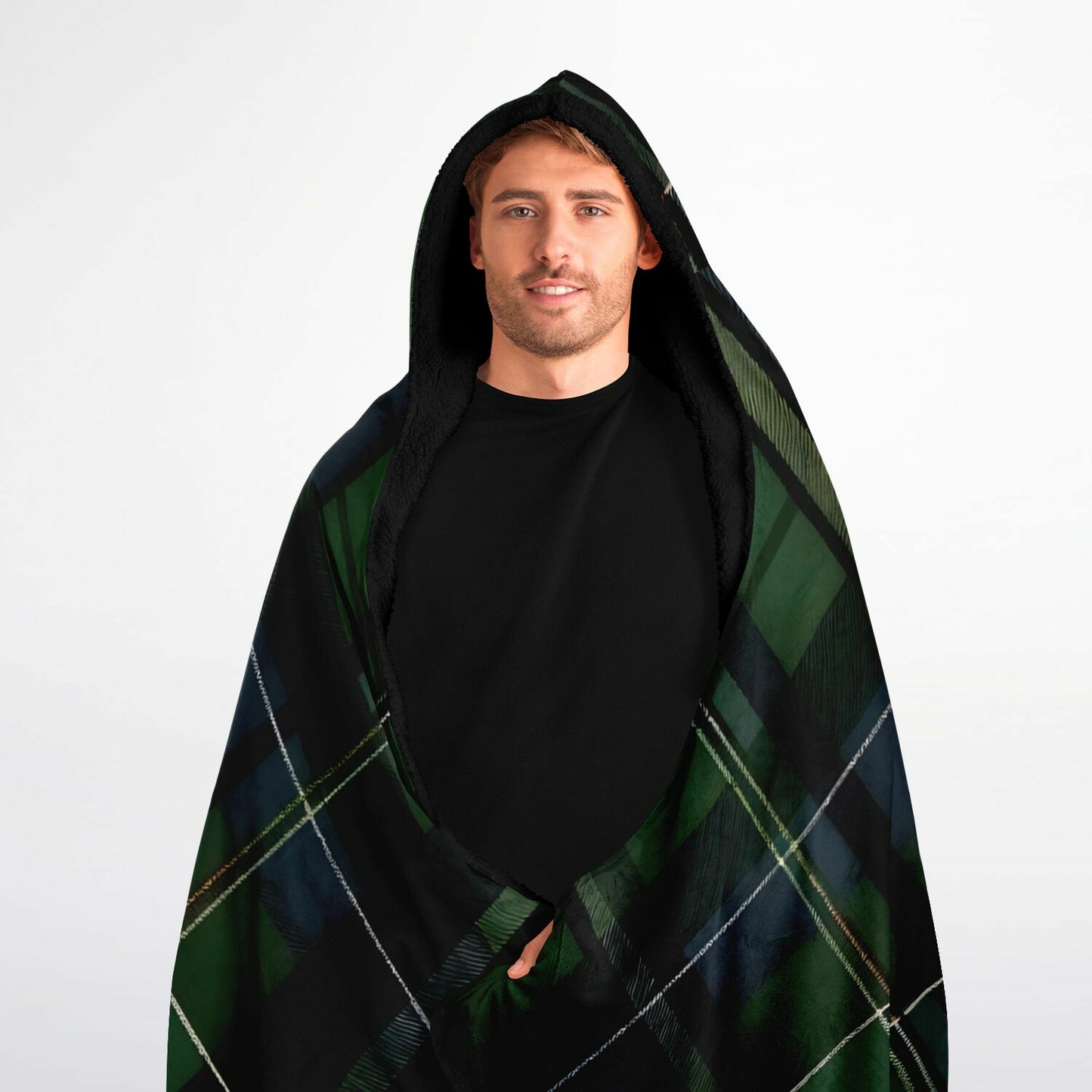 Green Tartan Hooded Blanket - Festival Blanket - Fleece Blanket