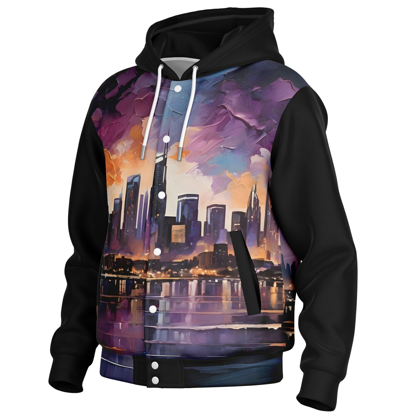 Rave City Hoodie Jacket - Durable Streetwear Bomber Jacket with City Art Pattern