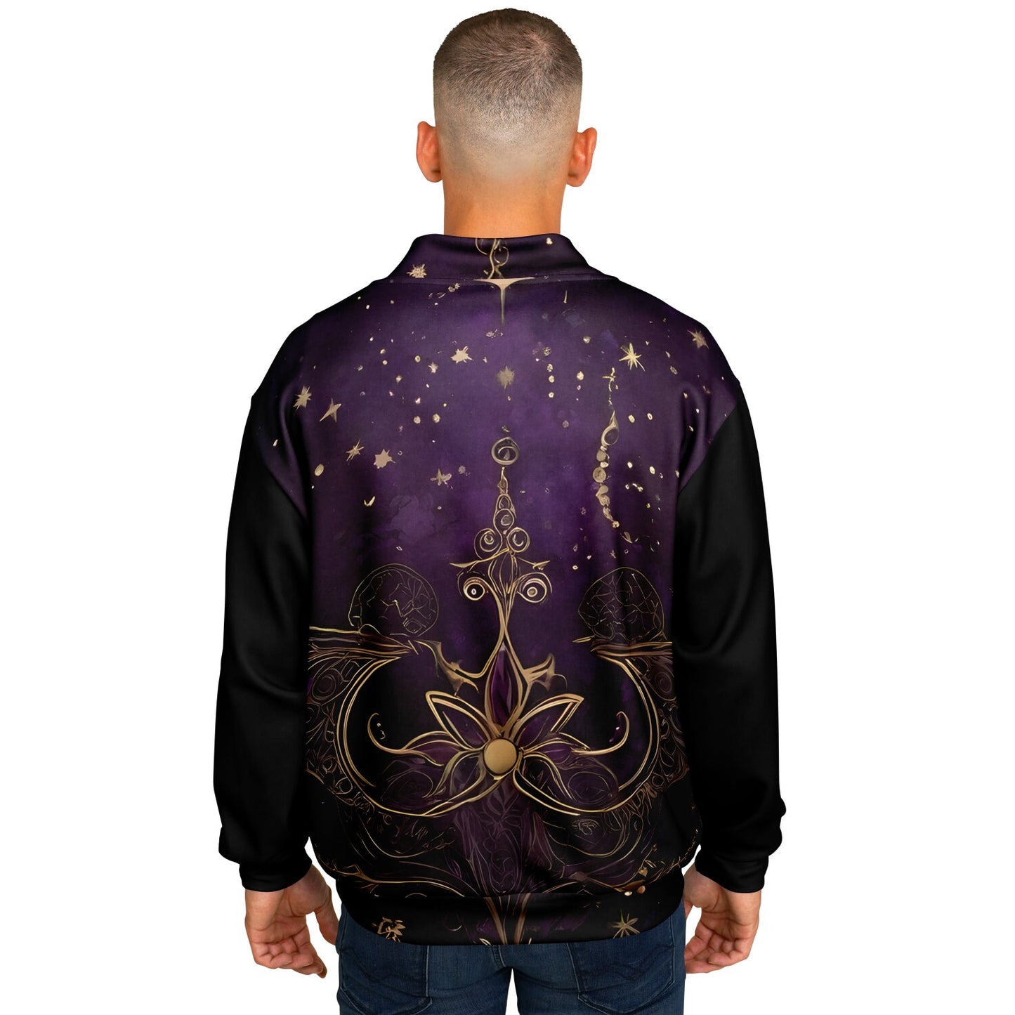 Celestial Purple Baseball Jacket - Festival Outerwear with Purple and Gold Stars