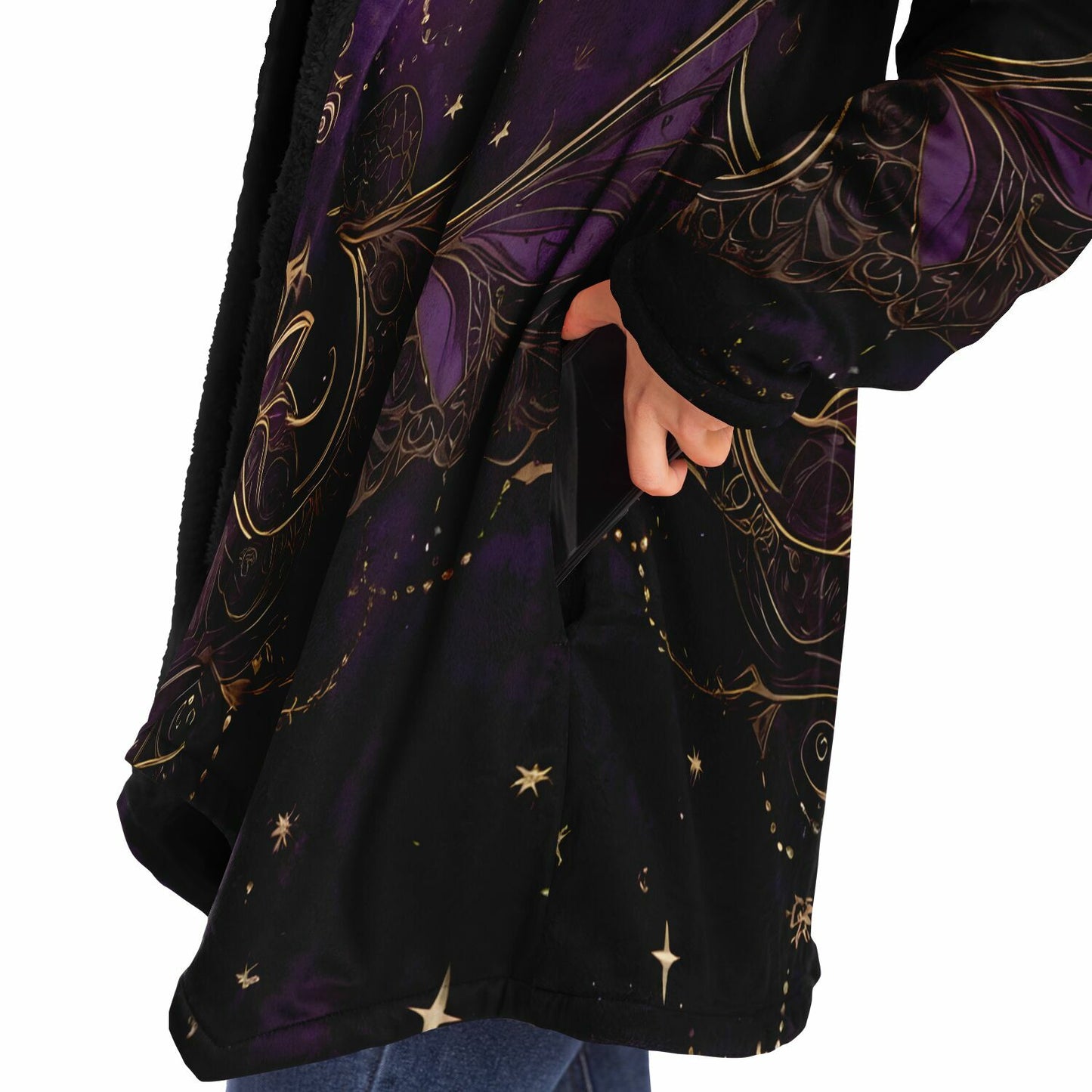 Celestial Purple Hooded Cloak - Sherpa Fleece with Fantastical Gold outlines and Stars