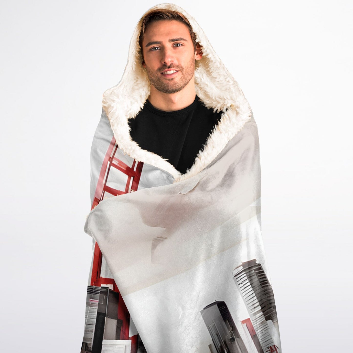 Bold Print Hooded Blanket - Sherpa Fleece with City White and Bold Red Accents