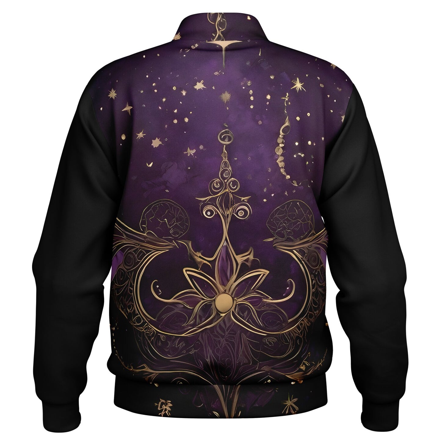 Celestial Purple Baseball Jacket - Festival Outerwear with Purple and Gold Stars