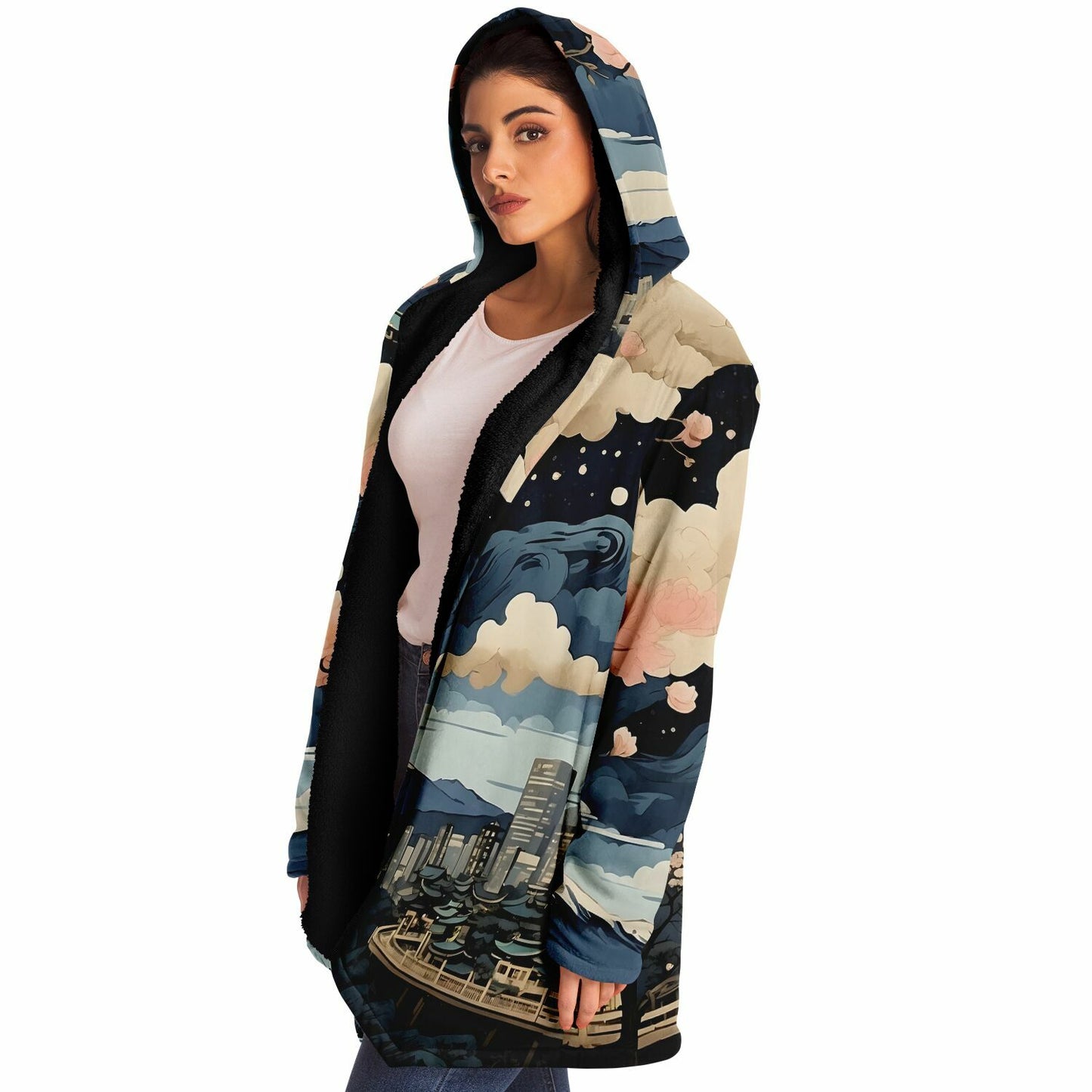 Painted Kyoto Hooded Cloak - Sherpa Fleece with Anime Japanese City Skyline