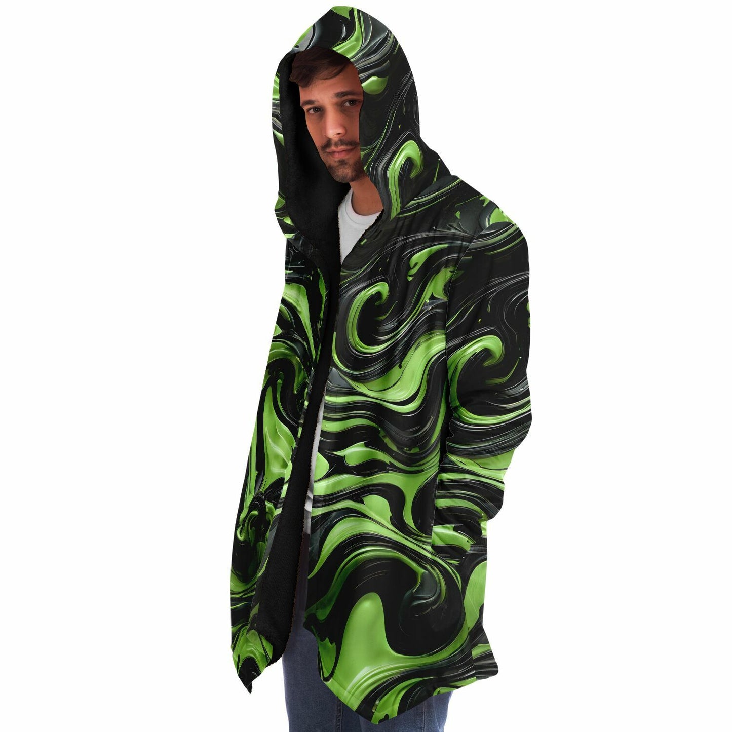Green Raver's Hooded Cloak - Festival Fleece Cloak with Swirl Pattern