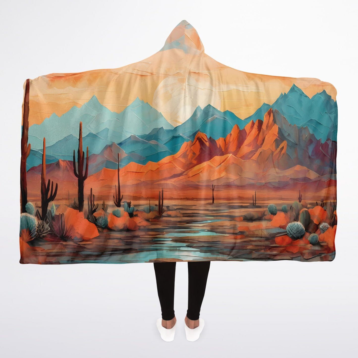 Design Hooded Blanket - Festival Style Sherpa Fleece with Teal & Orange Artwork