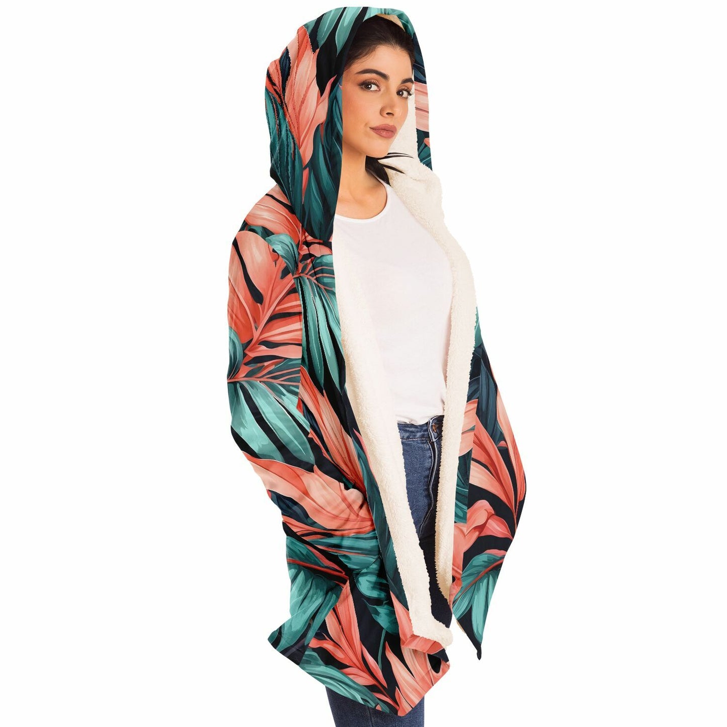 Festival Style Hooded Cloak - Fleece Cloak with Bold Floral Patterns