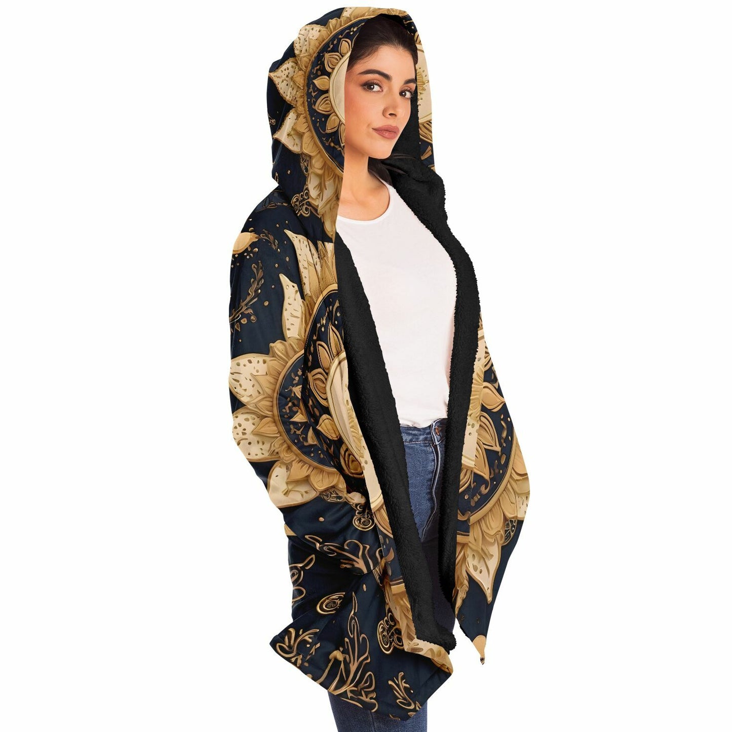 Celestial Blue Hooded Cloak - Sherpa Fleece with Gold Sun and Solar Aesthetics