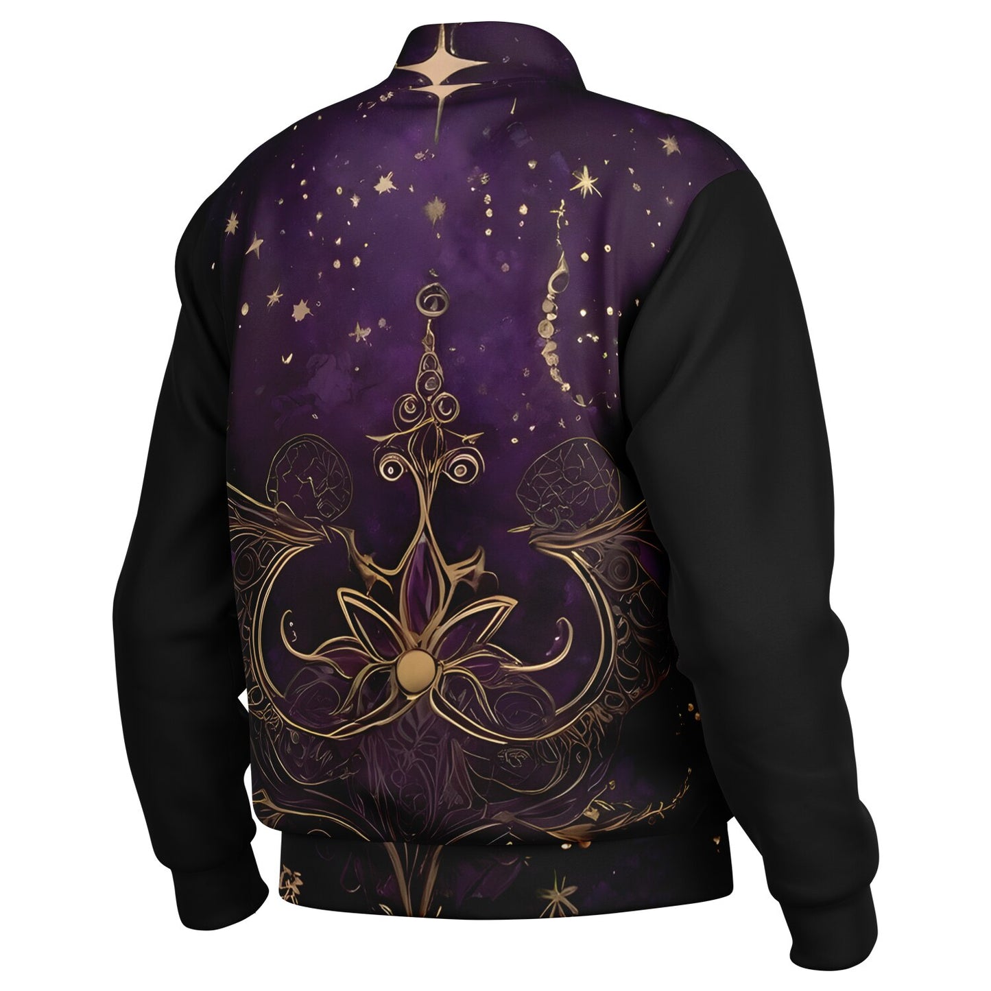 Celestial Purple Baseball Jacket - Festival Outerwear with Purple and Gold Stars