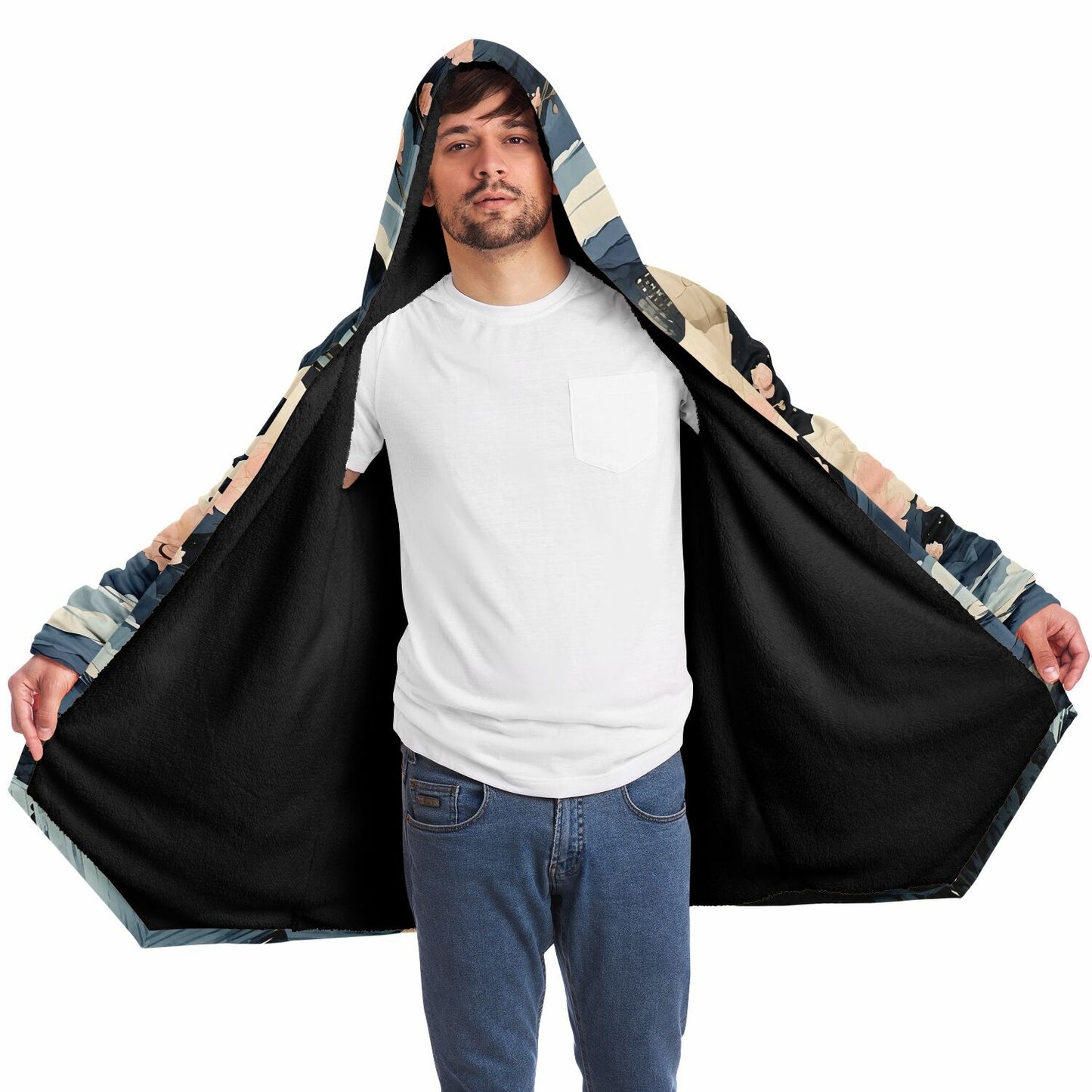 Painted Kyoto Hooded Cloak - Sherpa Fleece with Anime Japanese City Skyline