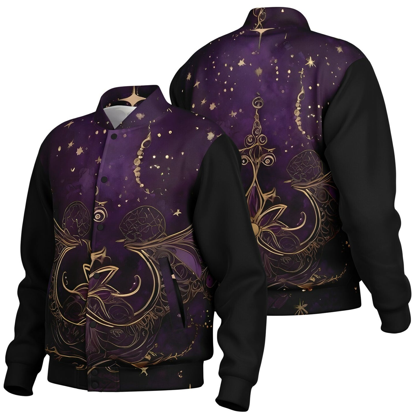 Celestial Purple Baseball Jacket - Festival Outerwear with Purple and Gold Stars
