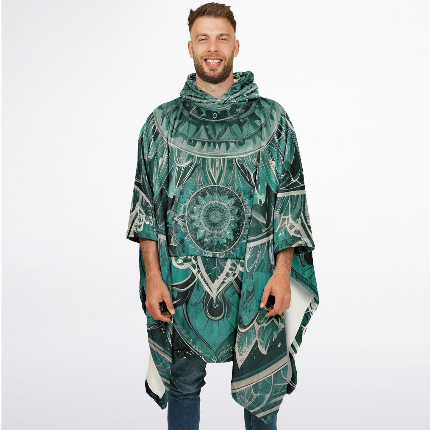 Green Mandala Flannel Blanket Poncho - Fleece Festival Poncho