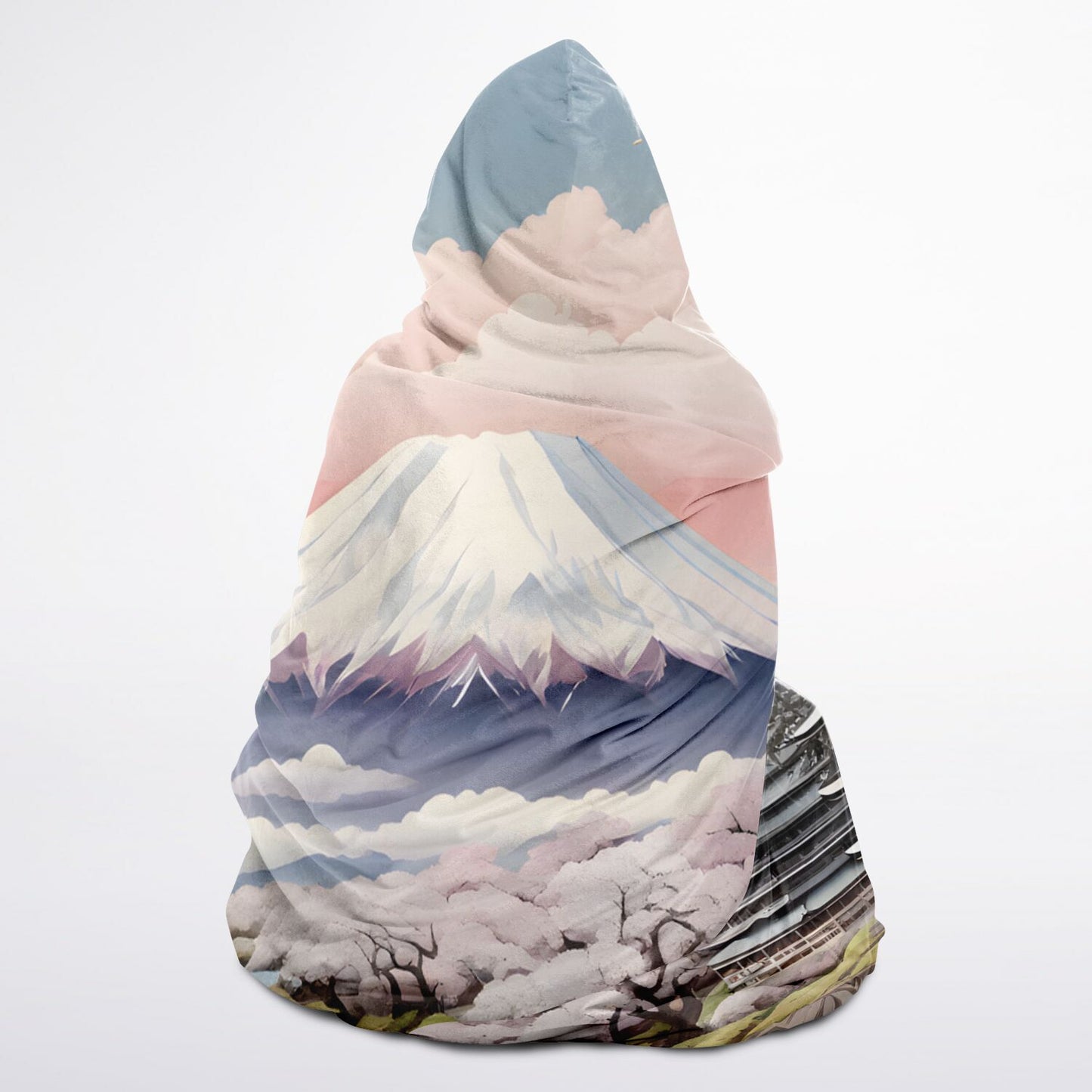 Pastel Mount Fuji Hooded Blanket - Sherpa Fleece with Japanese Fantasy Scene