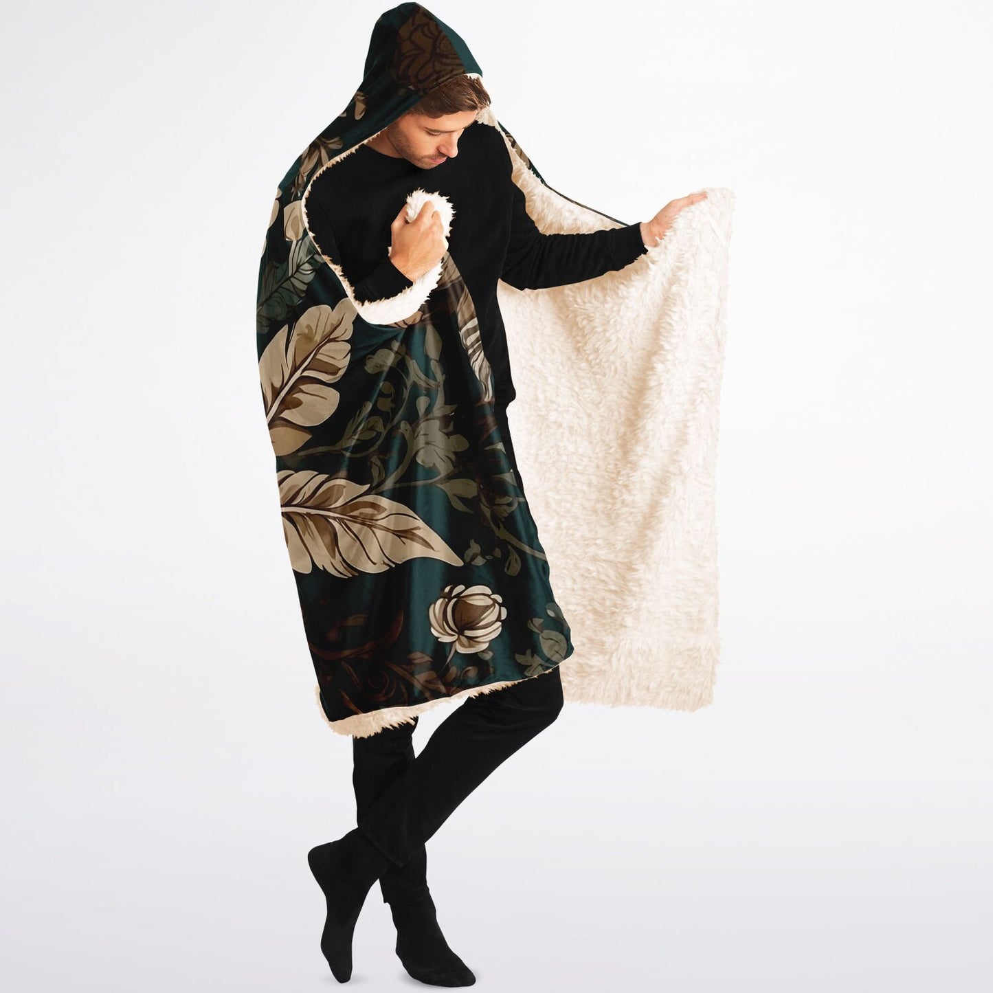 Dark Sage Hooded Blanket - Sherpa Fleece with Boho Floral Green Artwork