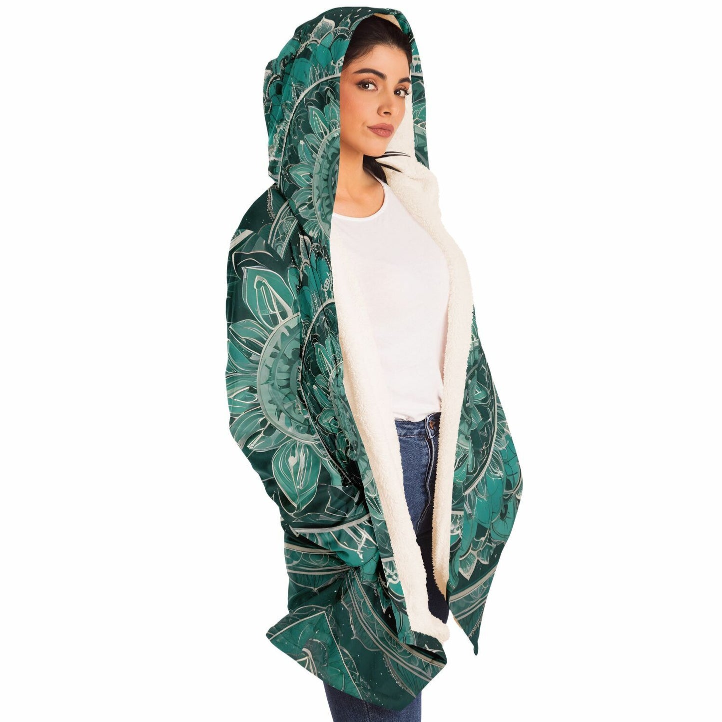 Emerald Mandala Hooded Cloak - Durable Fleece Cloak with Abstract Mandala Pattern