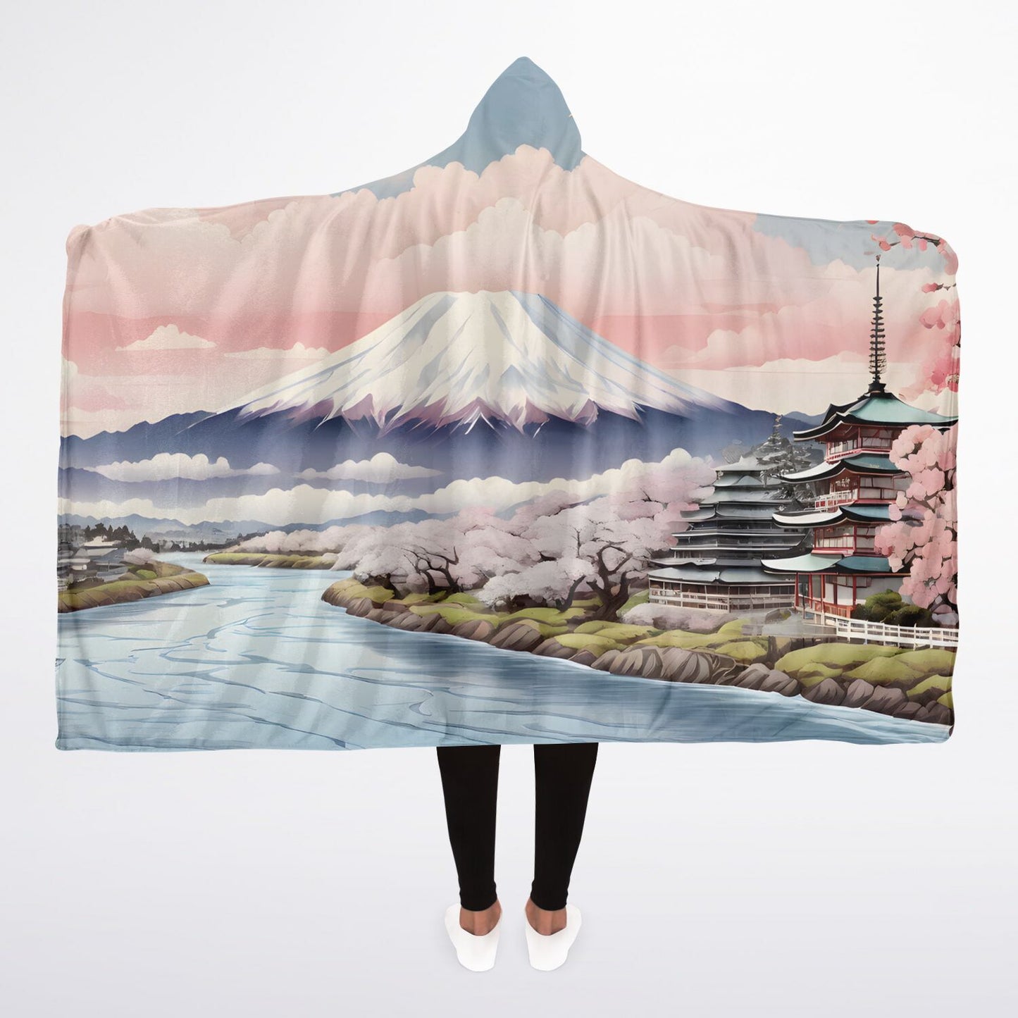 Pastel Mount Fuji Hooded Blanket - Sherpa Fleece with Japanese Fantasy Scene