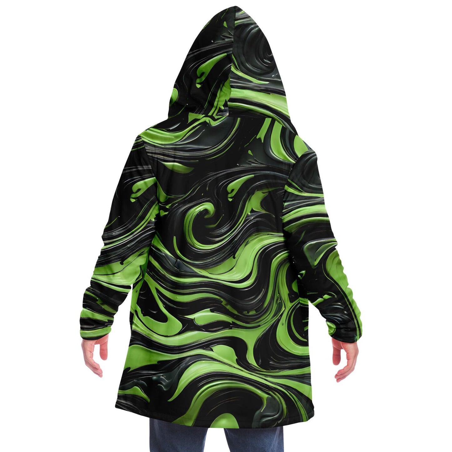 Green Raver's Hooded Cloak - Festival Fleece Cloak with Swirl Pattern