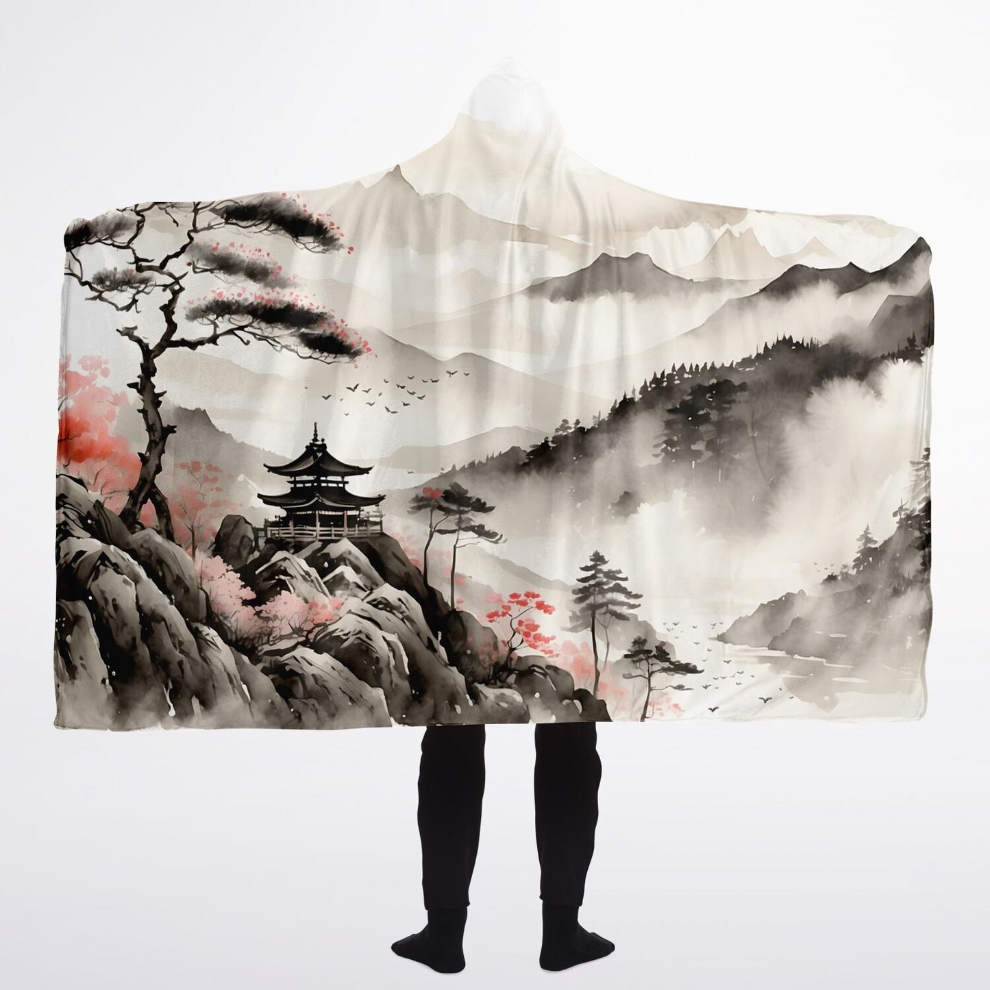 Japanese Mountain Hooded Blanket - Sherpa Fleece with Fantasy Watercolour Painting Artwork