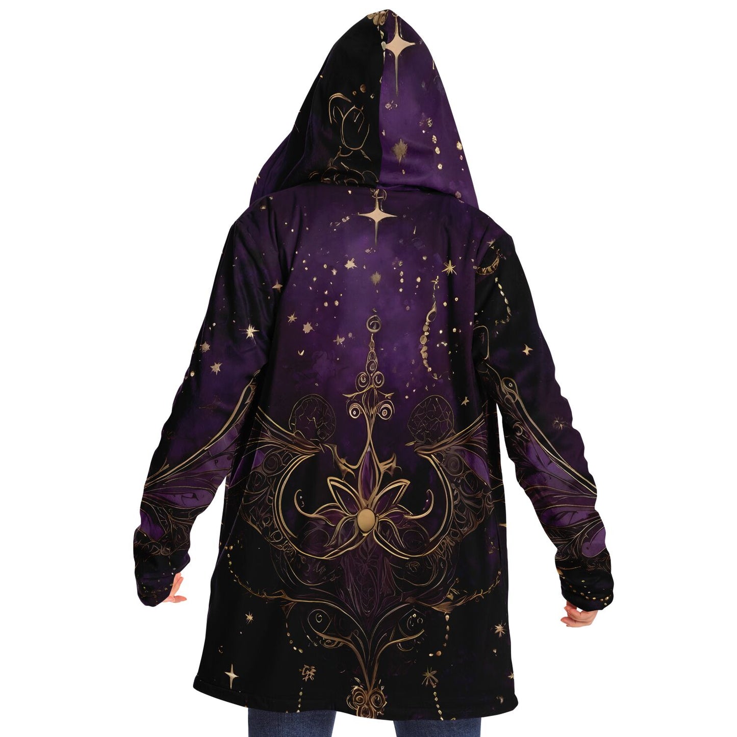 Celestial Purple Hooded Cloak - Sherpa Fleece with Fantastical Gold outlines and Stars