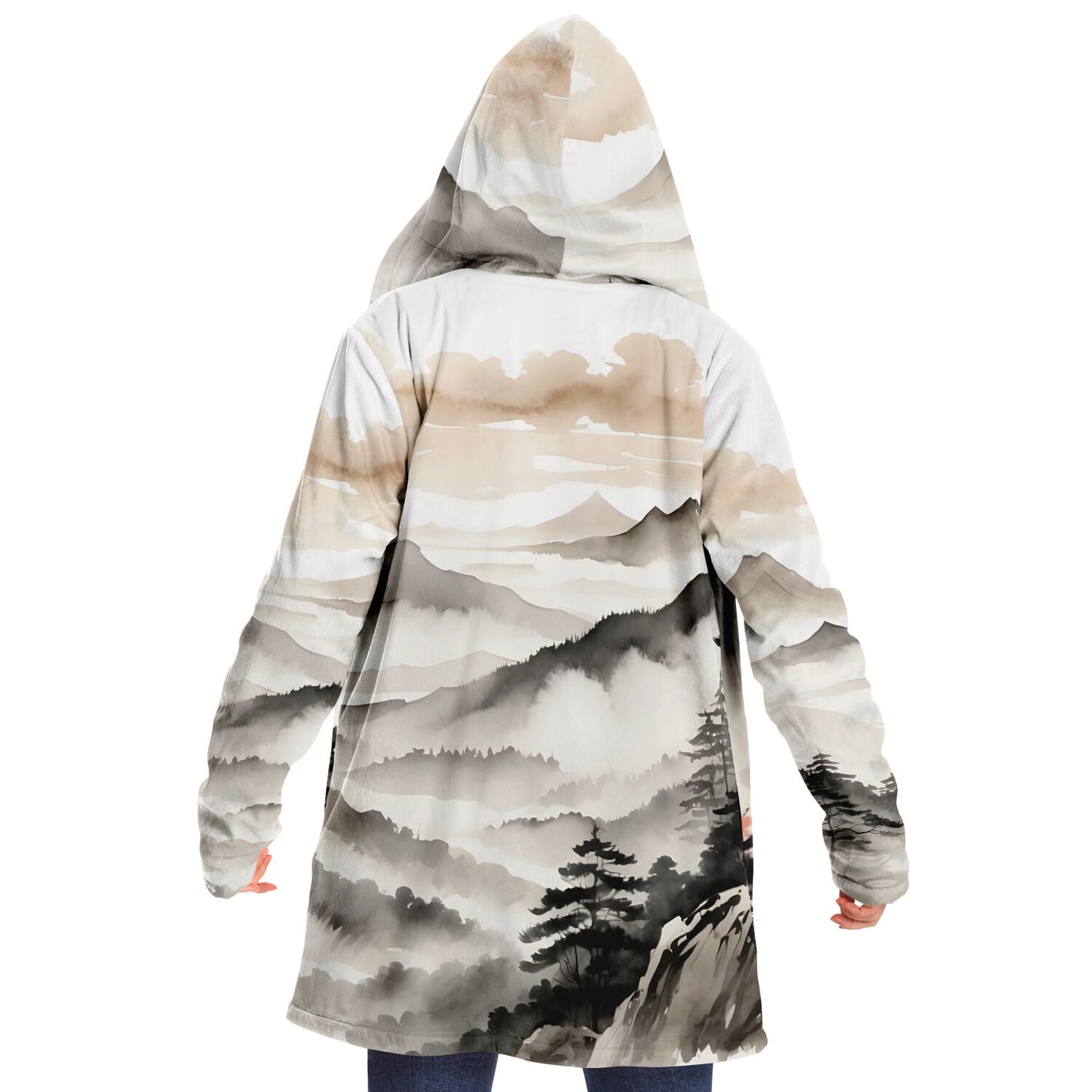 Asia Mountain Hooded Cloak - Sherpa Fleece with Fantasy Japanese Horizon