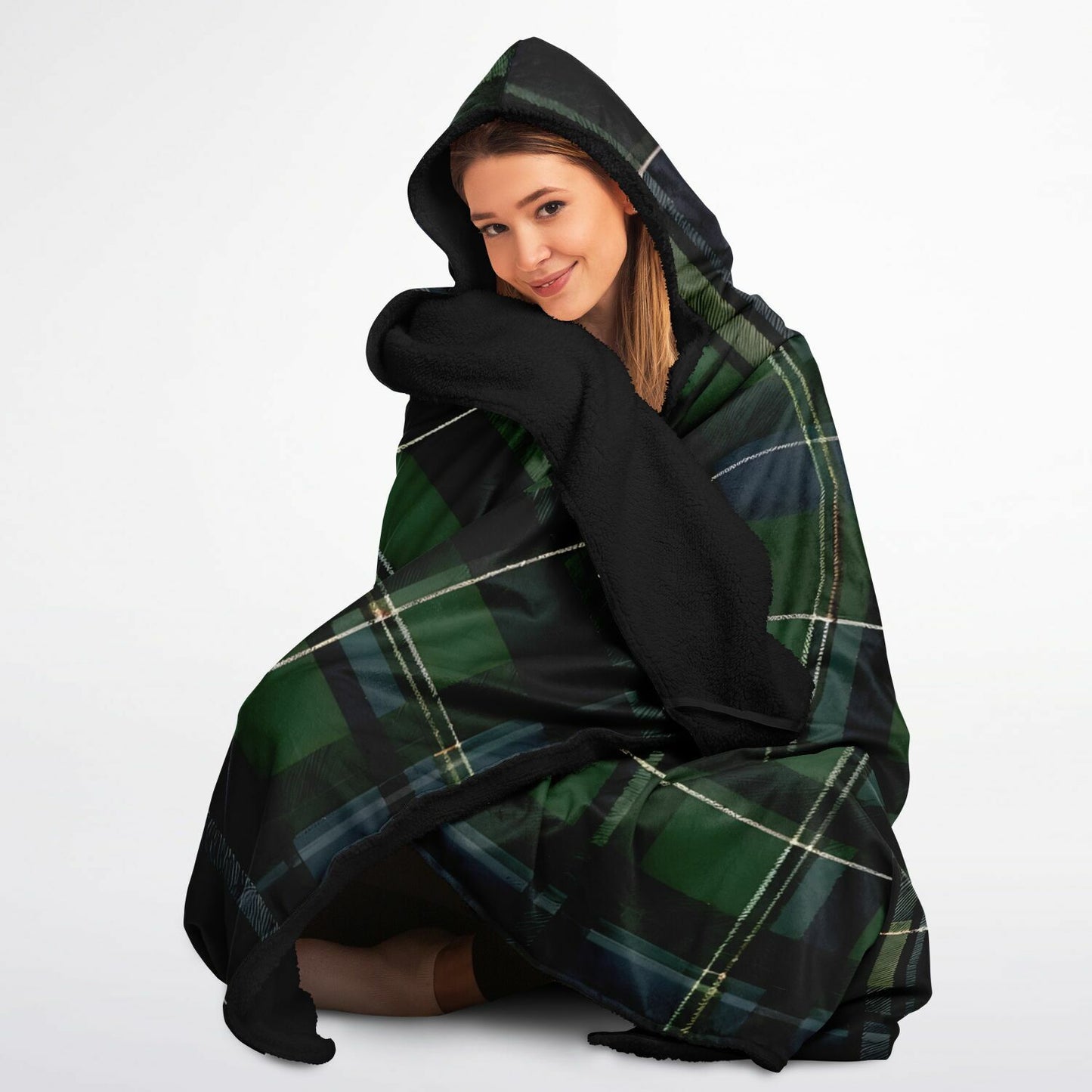 Green Tartan Hooded Blanket - Festival Blanket - Fleece Blanket