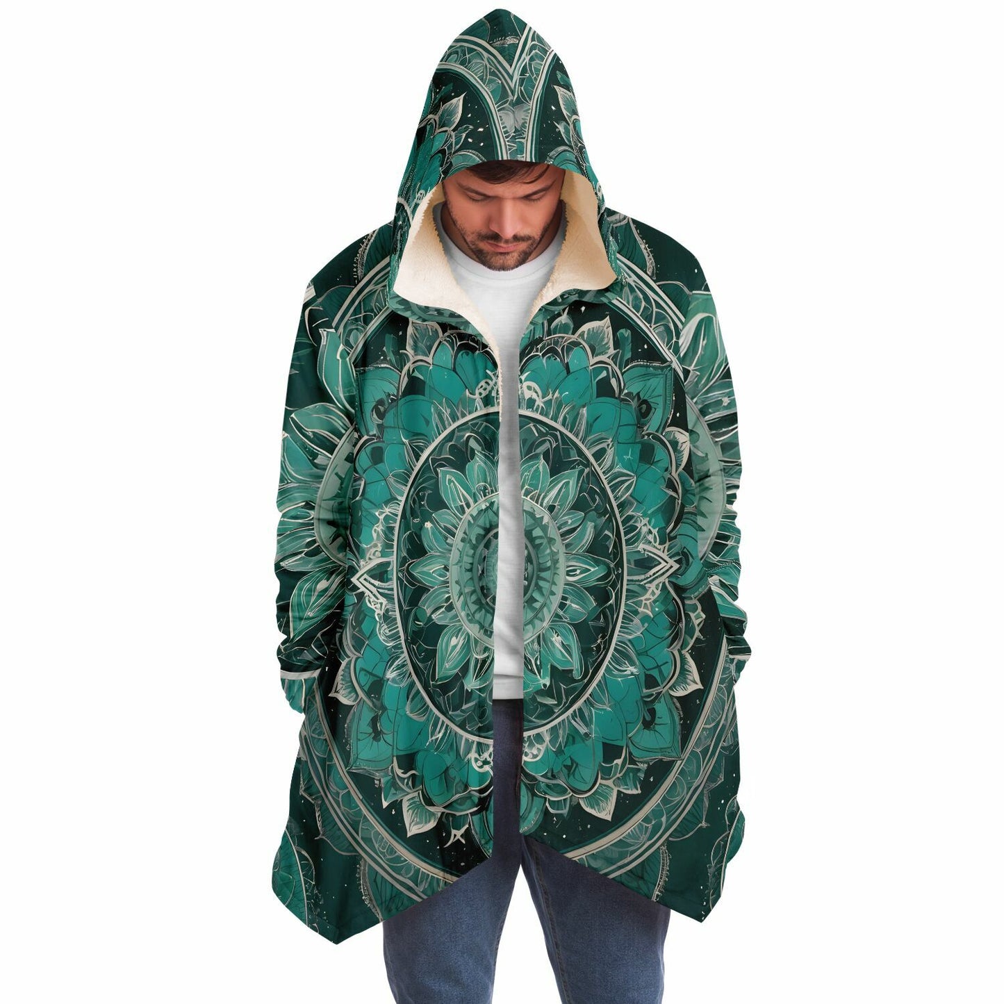 Emerald Mandala Hooded Cloak - Durable Fleece Cloak with Abstract Mandala Pattern