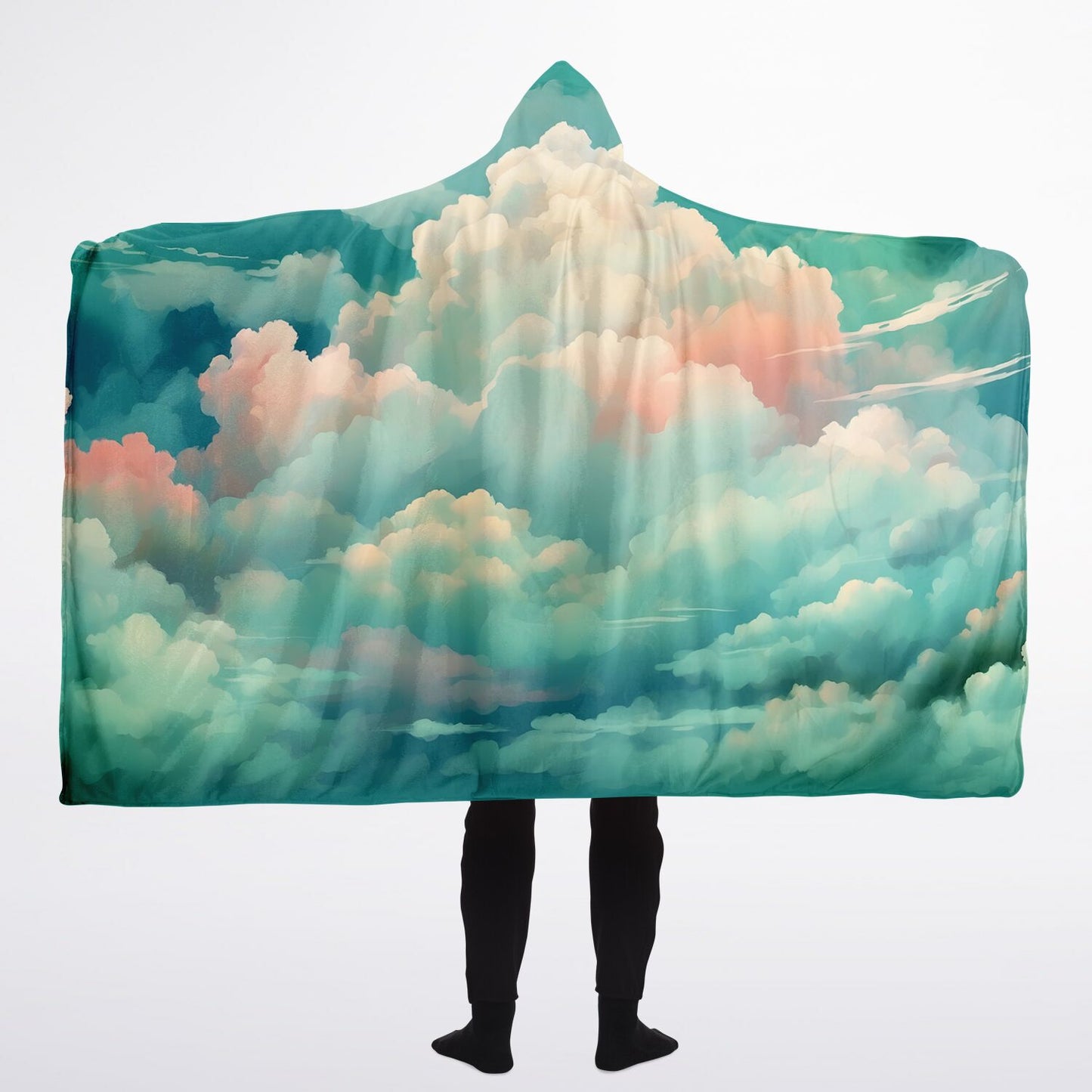 Green Clouds Hooded Blanket - Sherpa Fleece with Anime Cloud Pattern