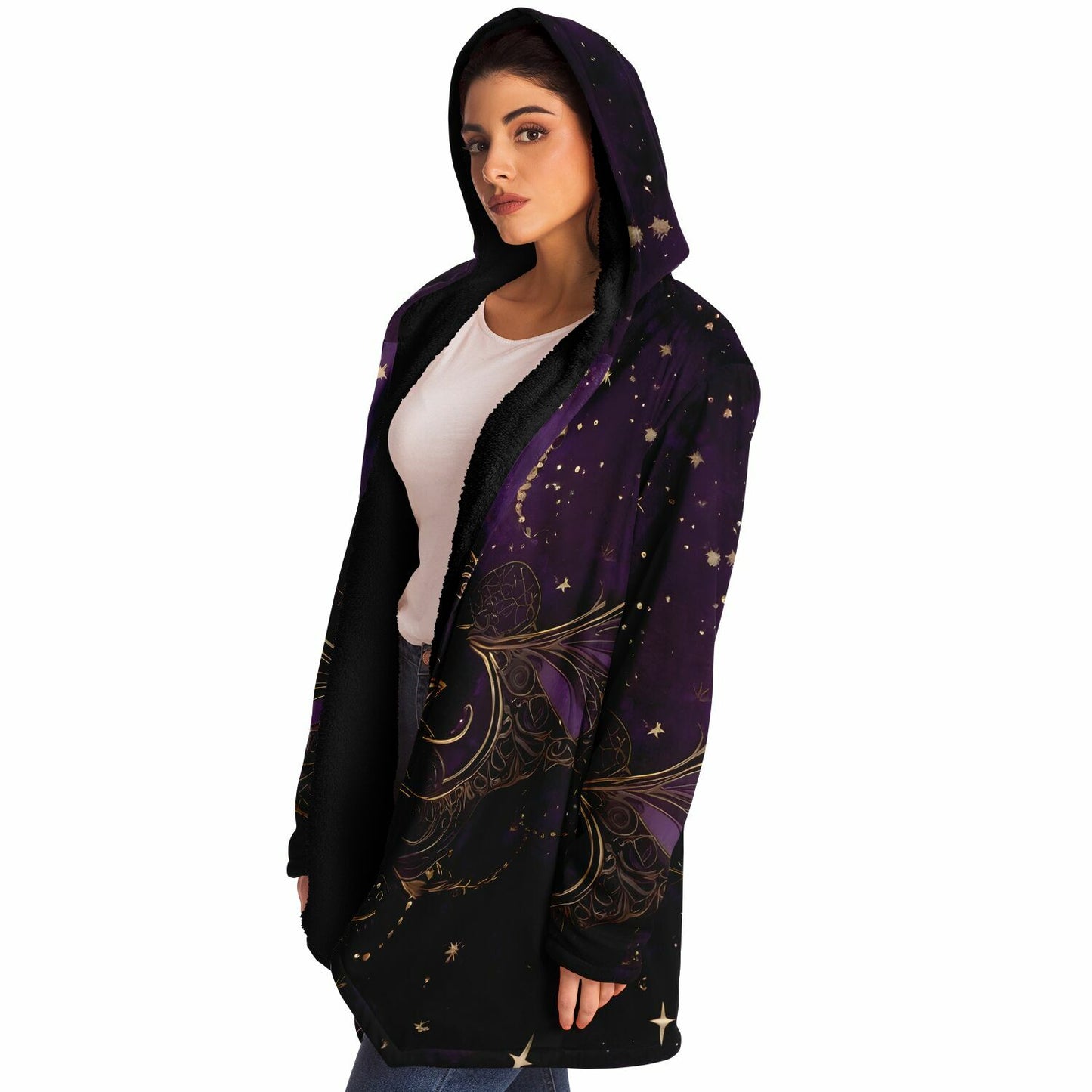 Celestial Purple Hooded Cloak - Sherpa Fleece with Fantastical Gold outlines and Stars