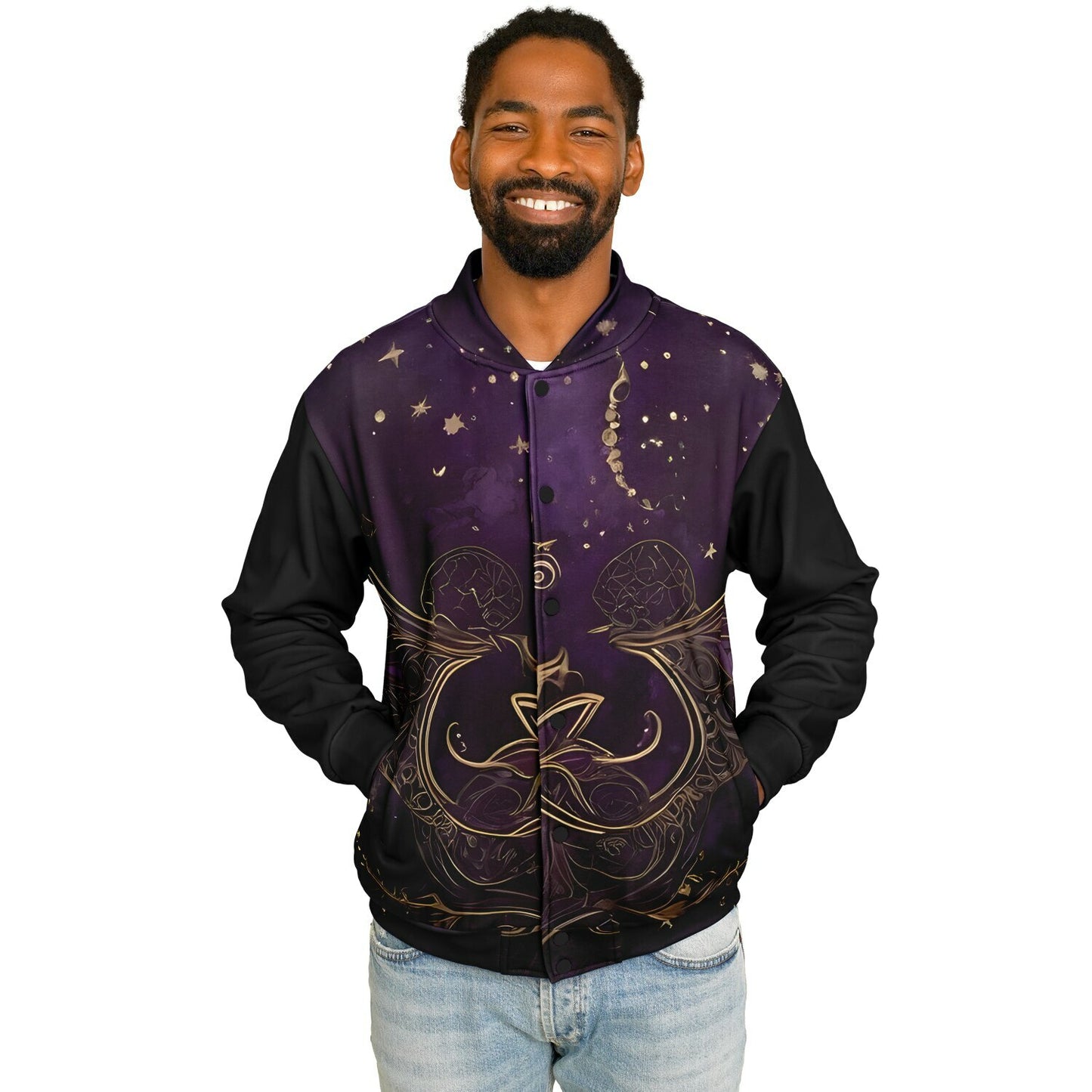 Celestial Purple Baseball Jacket - Festival Outerwear with Purple and Gold Stars