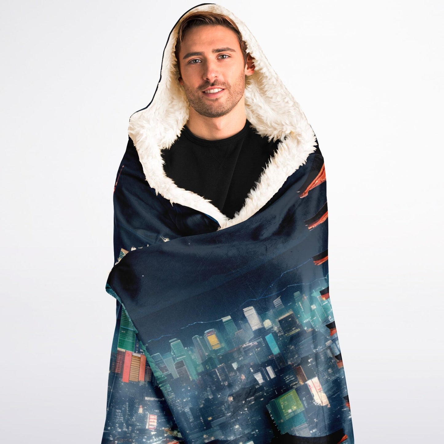 Anime Tokyo City Hooded Blanket - Sherpa Fleece with Electric Nightlife City Print