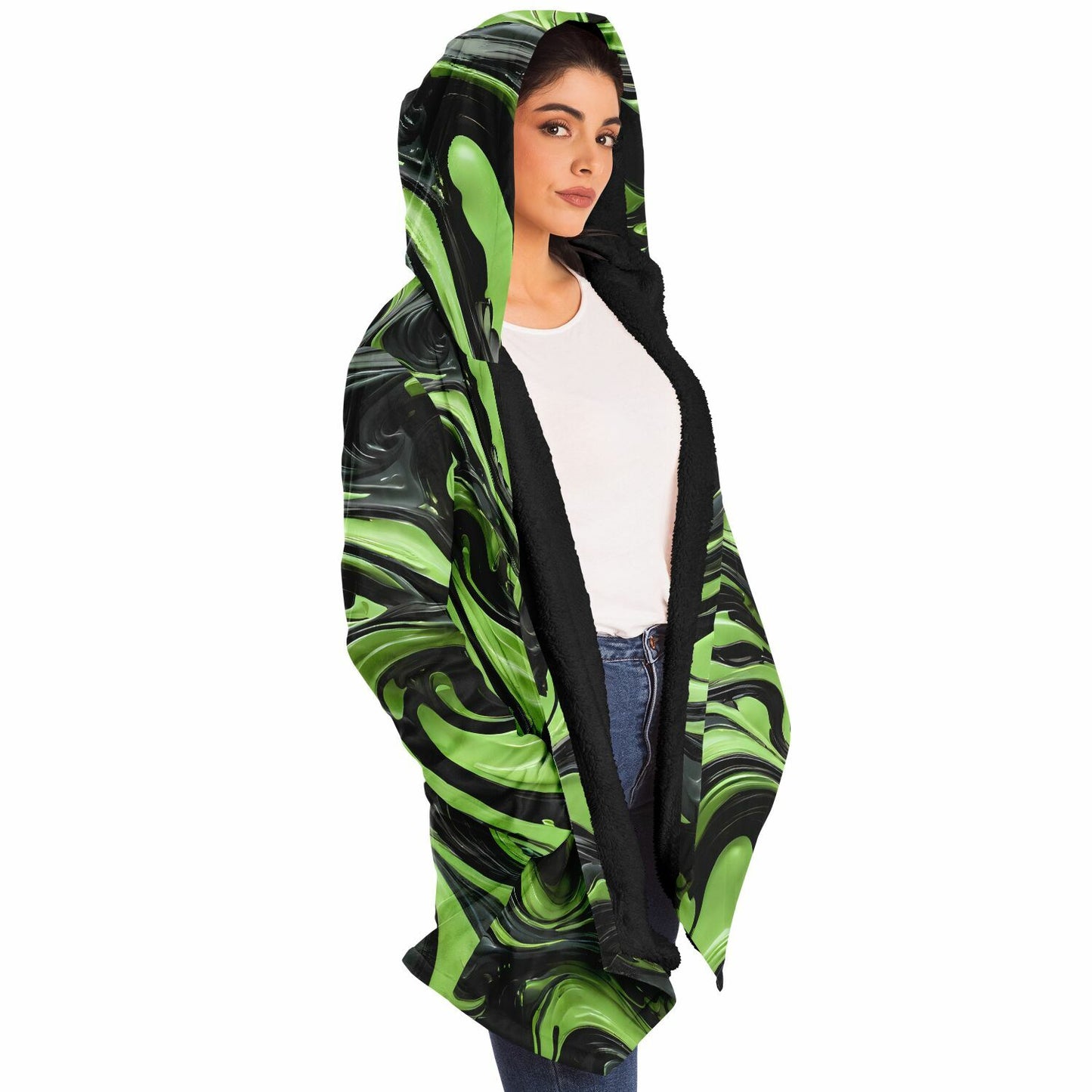 Green Raver's Hooded Cloak - Festival Fleece Cloak with Swirl Pattern