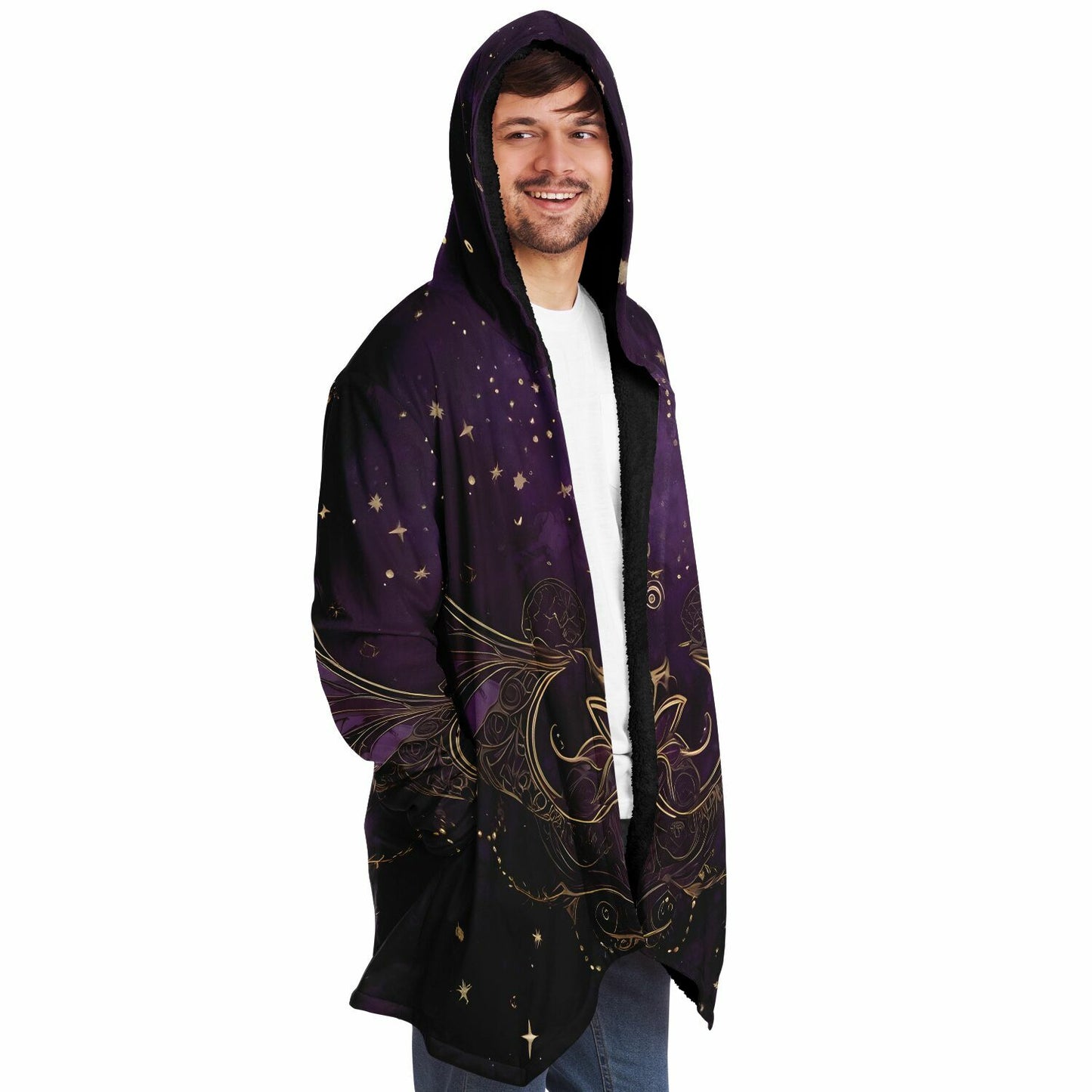 Celestial Purple Hooded Cloak - Sherpa Fleece with Fantastical Gold outlines and Stars