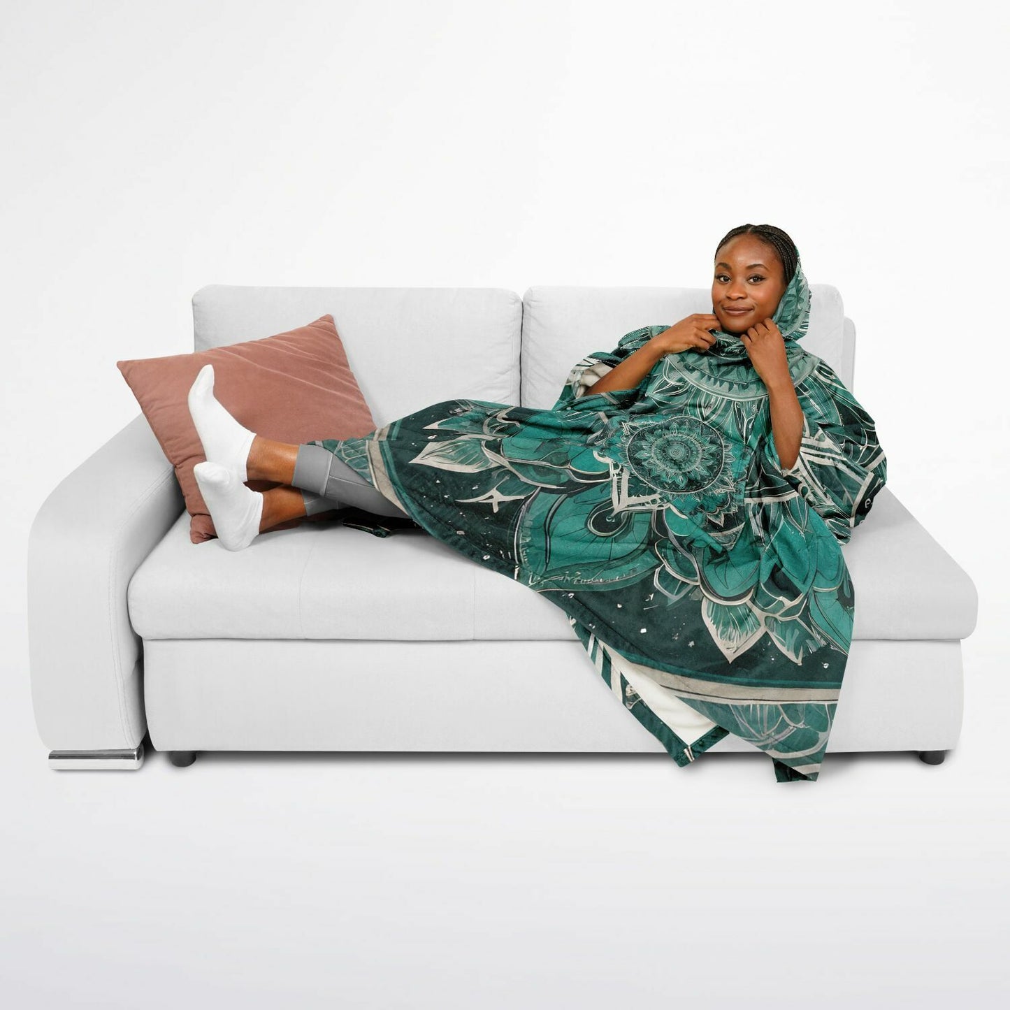 Green Mandala Flannel Blanket Poncho - Fleece Festival Poncho