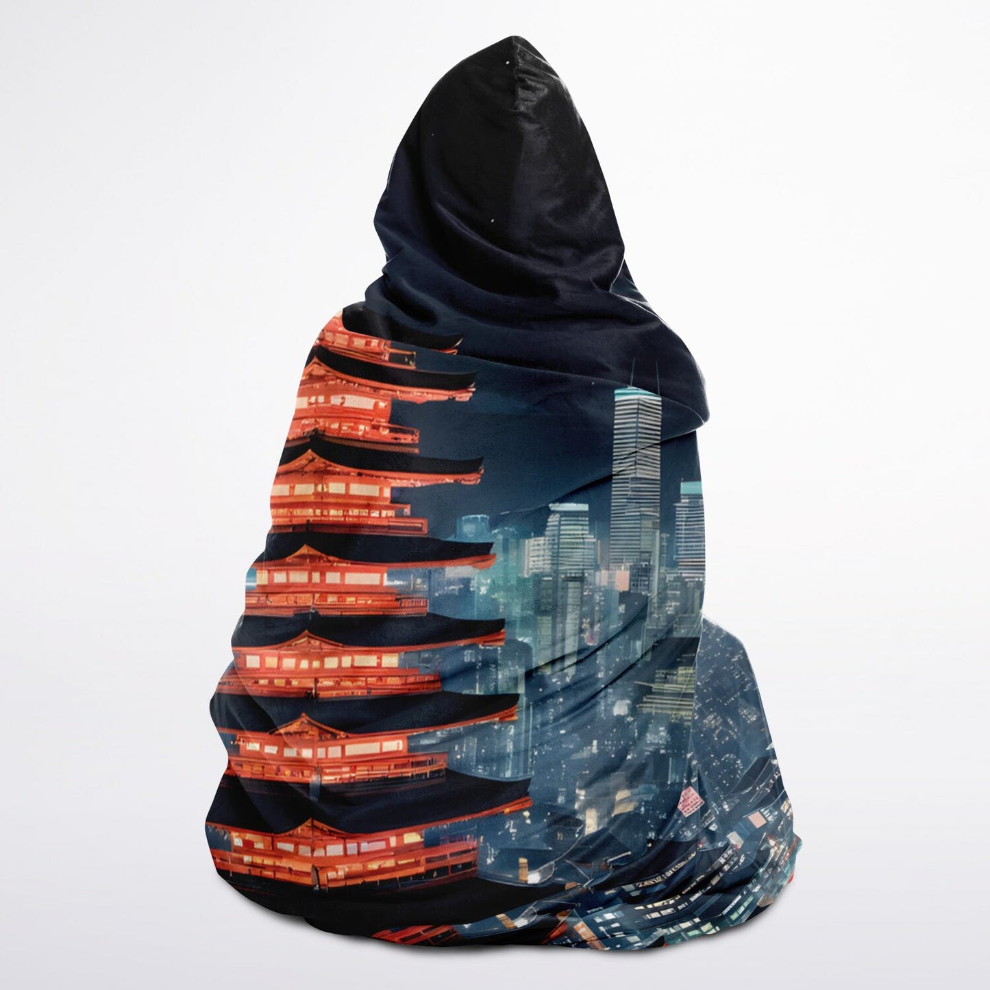 Anime Tokyo City Hooded Blanket - Sherpa Fleece with Electric Nightlife City Print