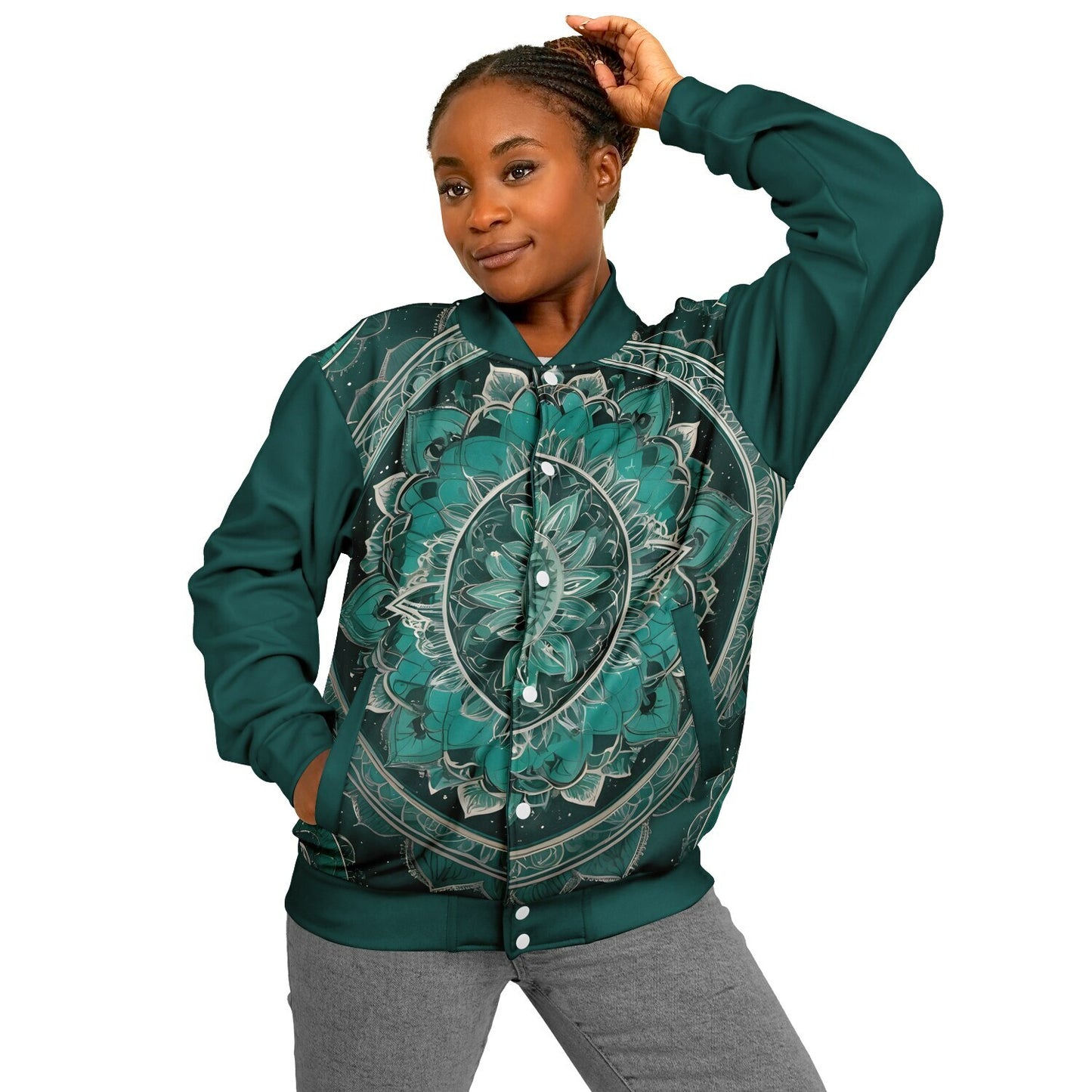 Green Mandala Baseball Jacket - Custom Bomber Jacket with Artistic Print