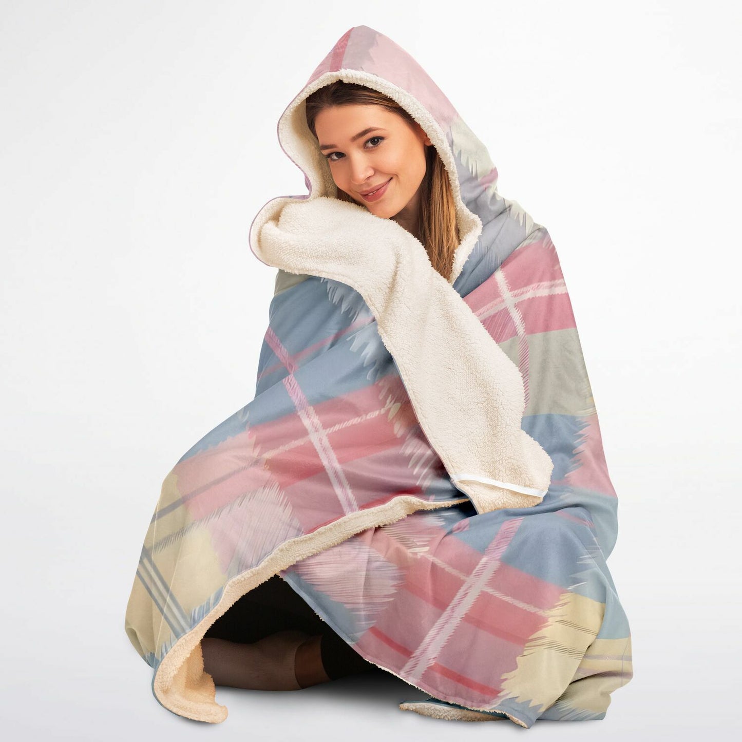 Pastel Tartan Hooded Blanket - Festival Blanket - Fleece Blanket
