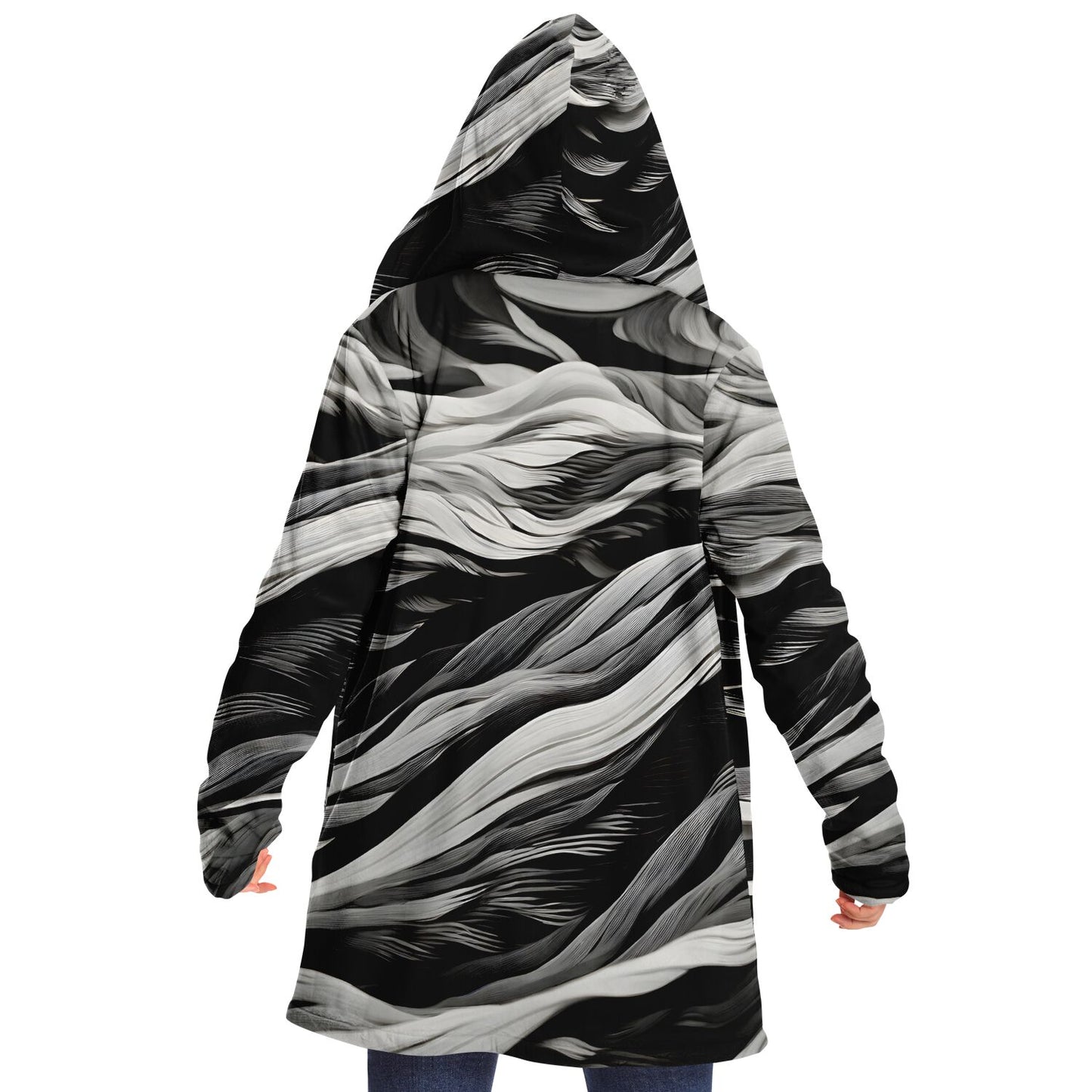 Rave Fashion Hooded Cloak - Fleece Lined Festival Wear with Black Swirl Pattern