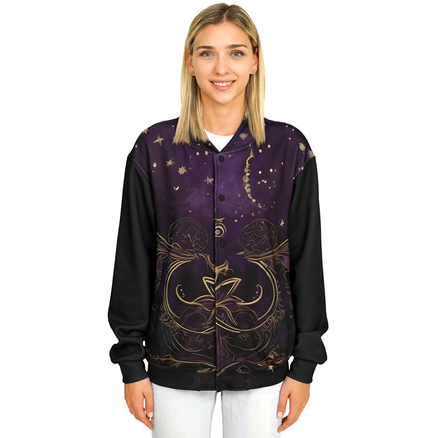 Celestial Purple Baseball Jacket - Festival Outerwear with Purple and Gold Stars