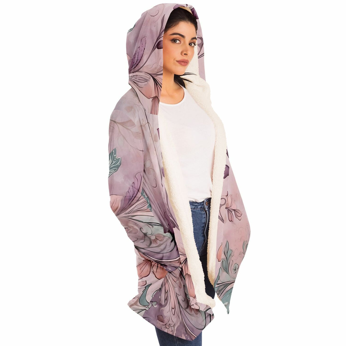 Floral Hooded Cloak - Sherpa Fleece with Boho Pastel Flower Design