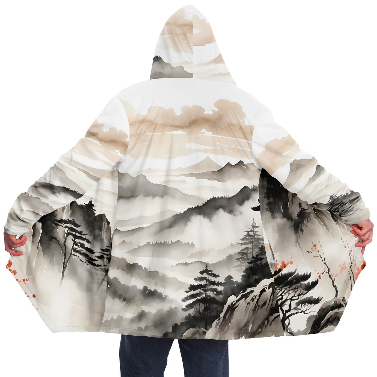 Asia Mountain Hooded Cloak - Sherpa Fleece with Fantasy Japanese Horizon